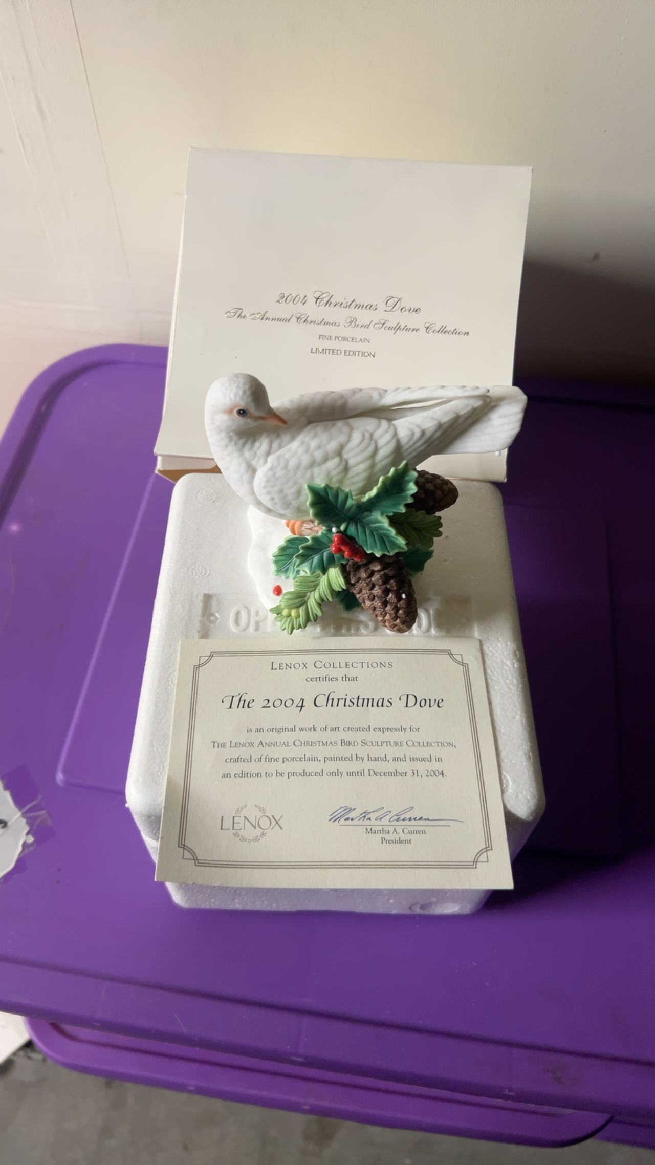 Lenox collections certifies that the 2004 Christmas Dove Porcelain Figurine