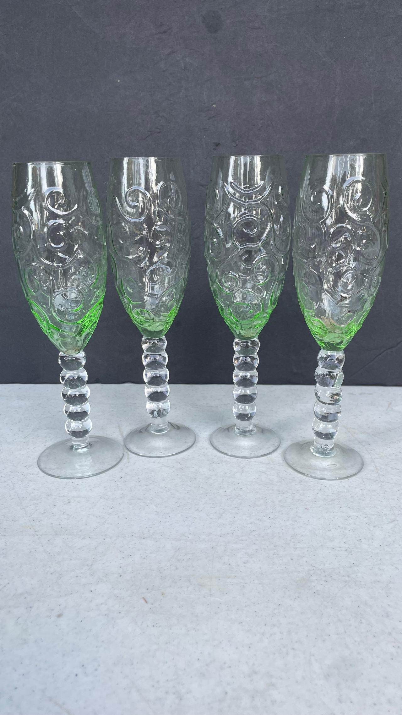 Green Swirl Beaded Stem Champagne Flutes