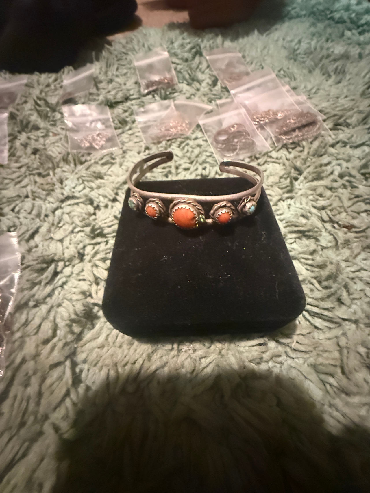 Vintage Sterling Silver Coral and Turquoise Cuff Bracelet