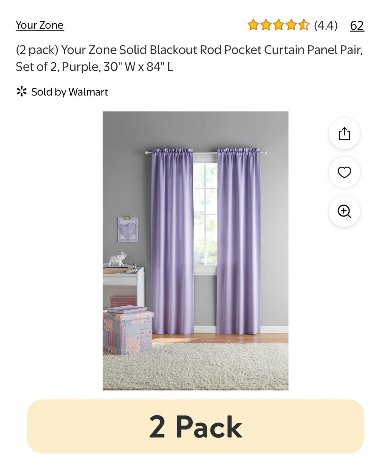 Your Zone Solid Blackout Rod Pocket Curtain Panel Pair, Set of 2, Purple, 30" W x 84" L