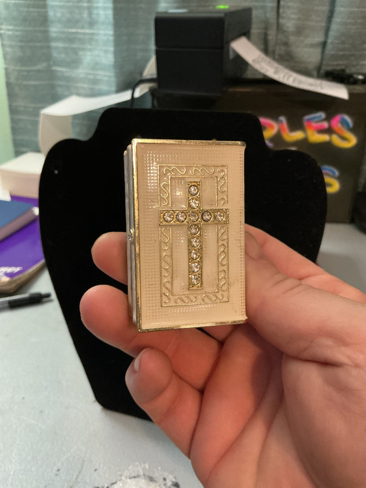Vintage Enamel Bible Pill Box with Rhinestone Cross