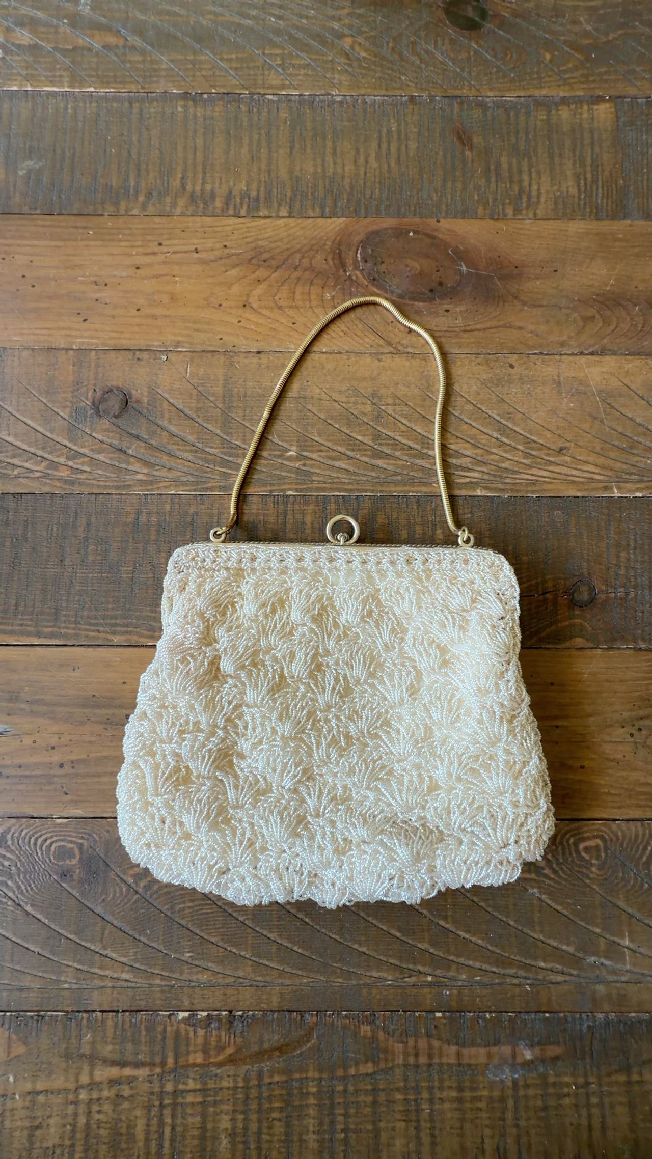Gabrielle Ivory Beaded Evening Clutch Vintage Gold Chain Top
