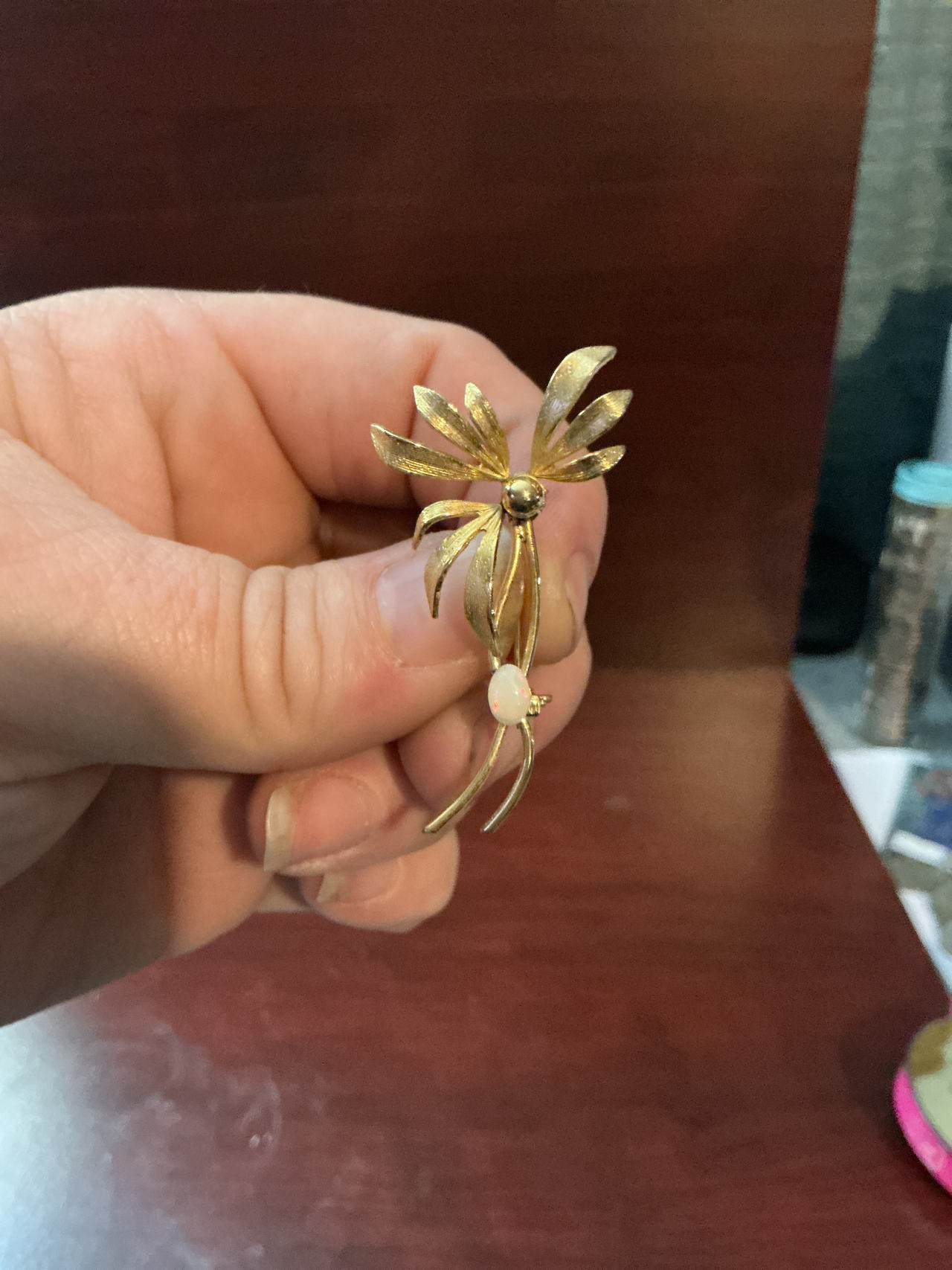 Vintage Gold Tone Floral Brooch with Faux Opal