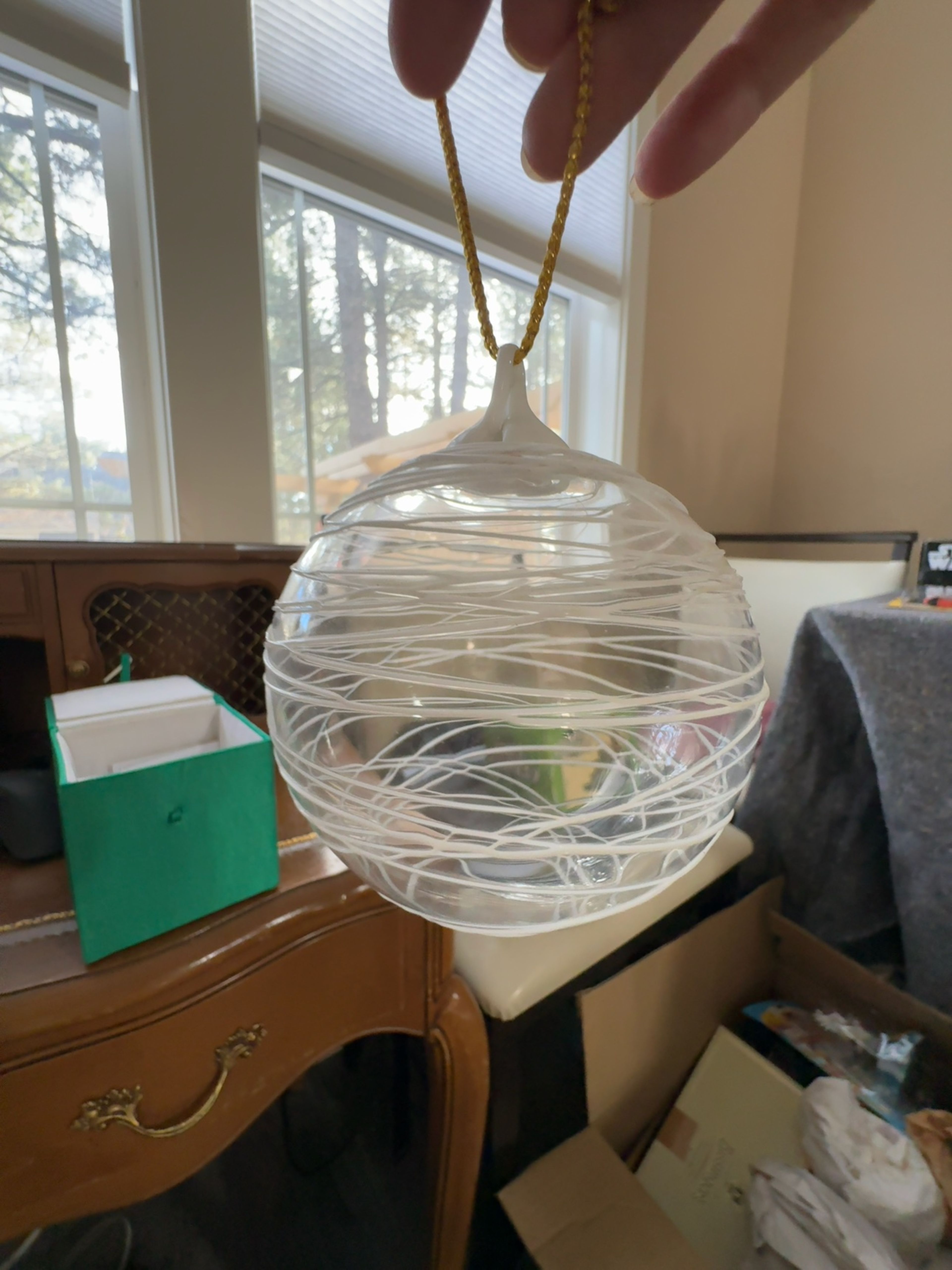 Classy White Spiral Blown Glass Ornament from the Vargas collection 