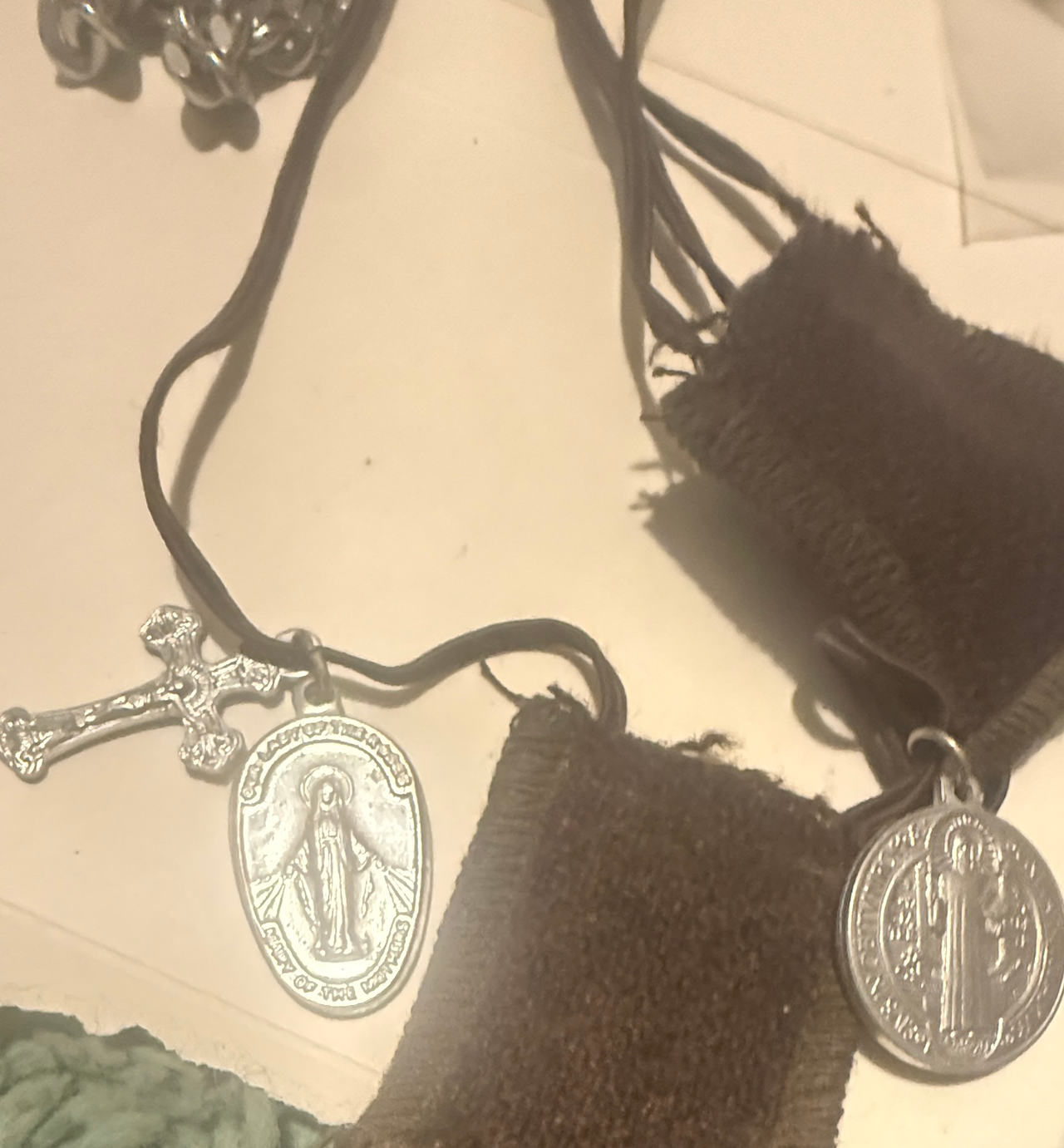 Brown Scapular of Our Lady of Mount Carmel with St. Benedict Medal and Crucifix