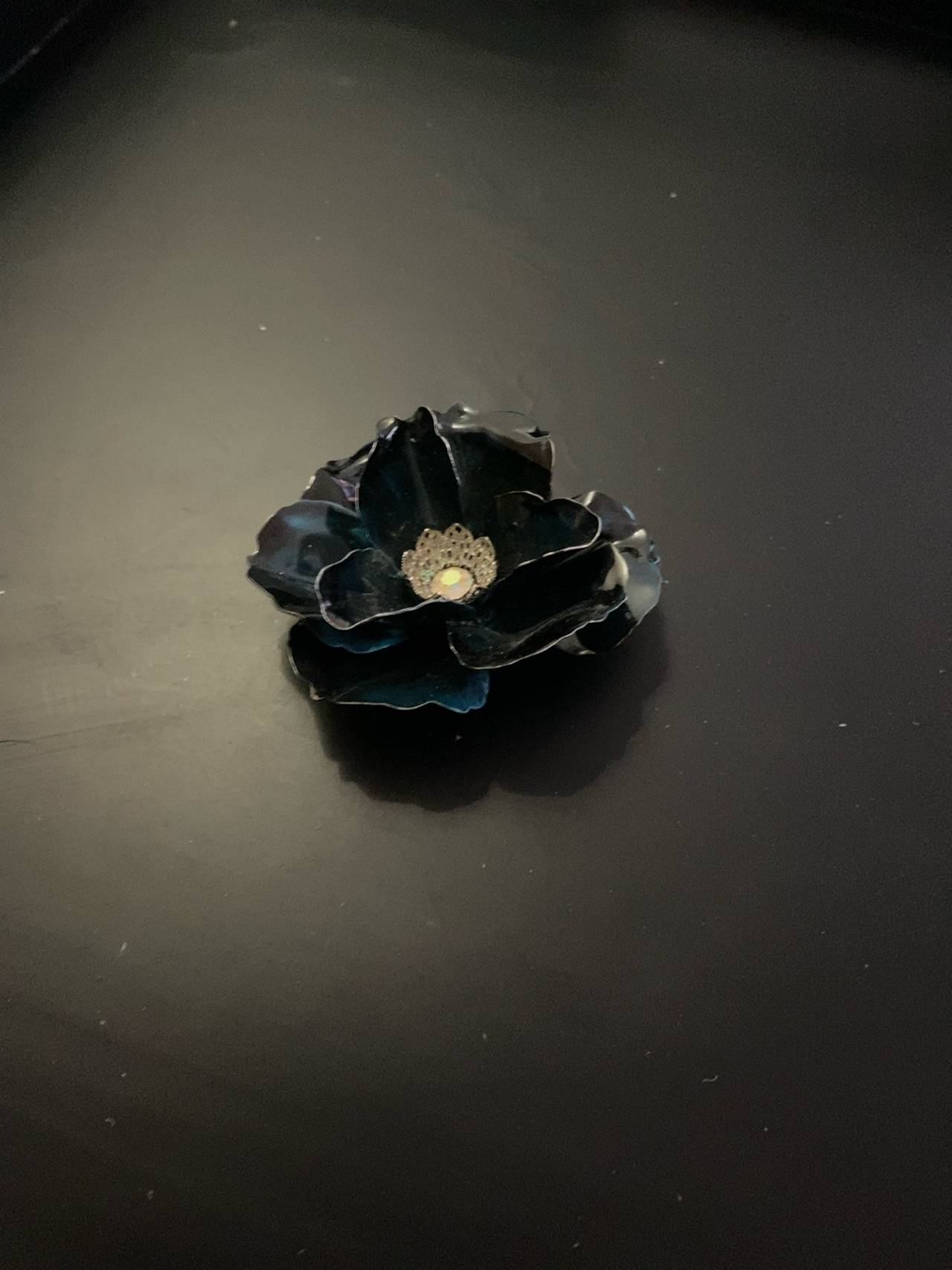 Vintage Black Enamel Flower Brooch
