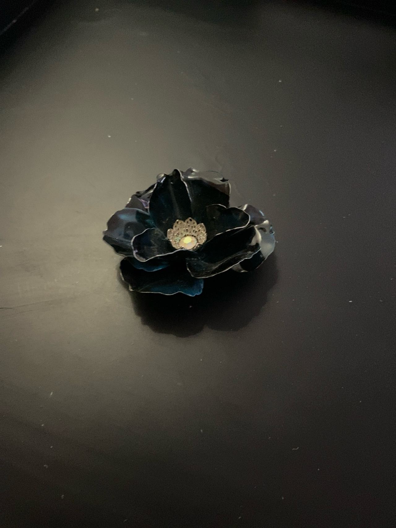 Vintage Black Enamel Flower Brooch