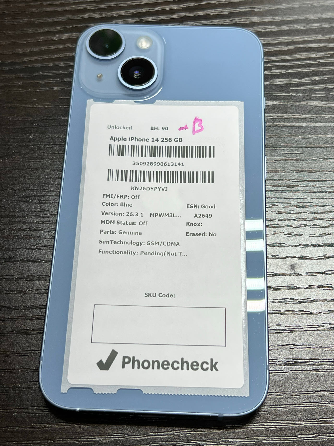 Apple iPhone 14 256GB Blue Unlocked BH 90% B-