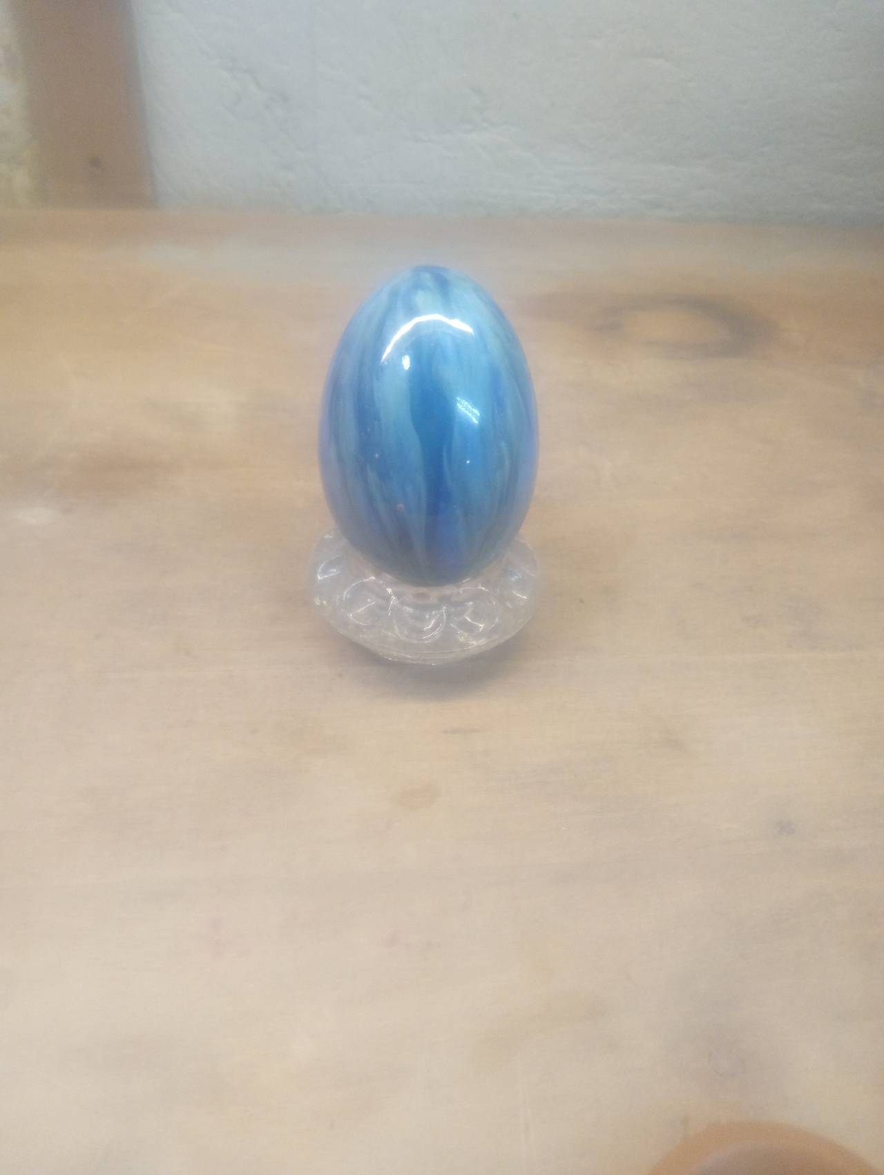 Blue Swirl Glass Egg Paperweight with Stand