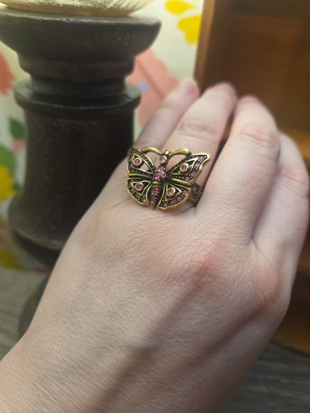 Signed Heidi Daus Pink Swarovski Crystal Butterfly Gold Tone Ring Size 875 VTG