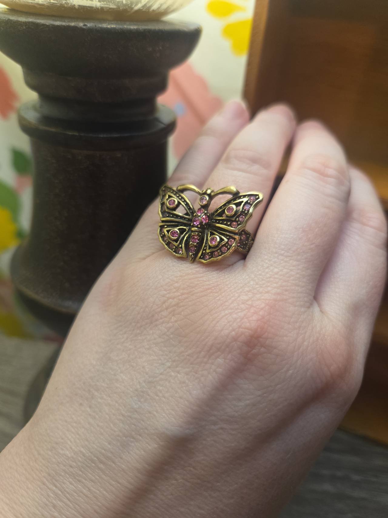 Signed Heidi Daus Pink Swarovski Crystal Butterfly Gold Tone Ring Size 875 VTG