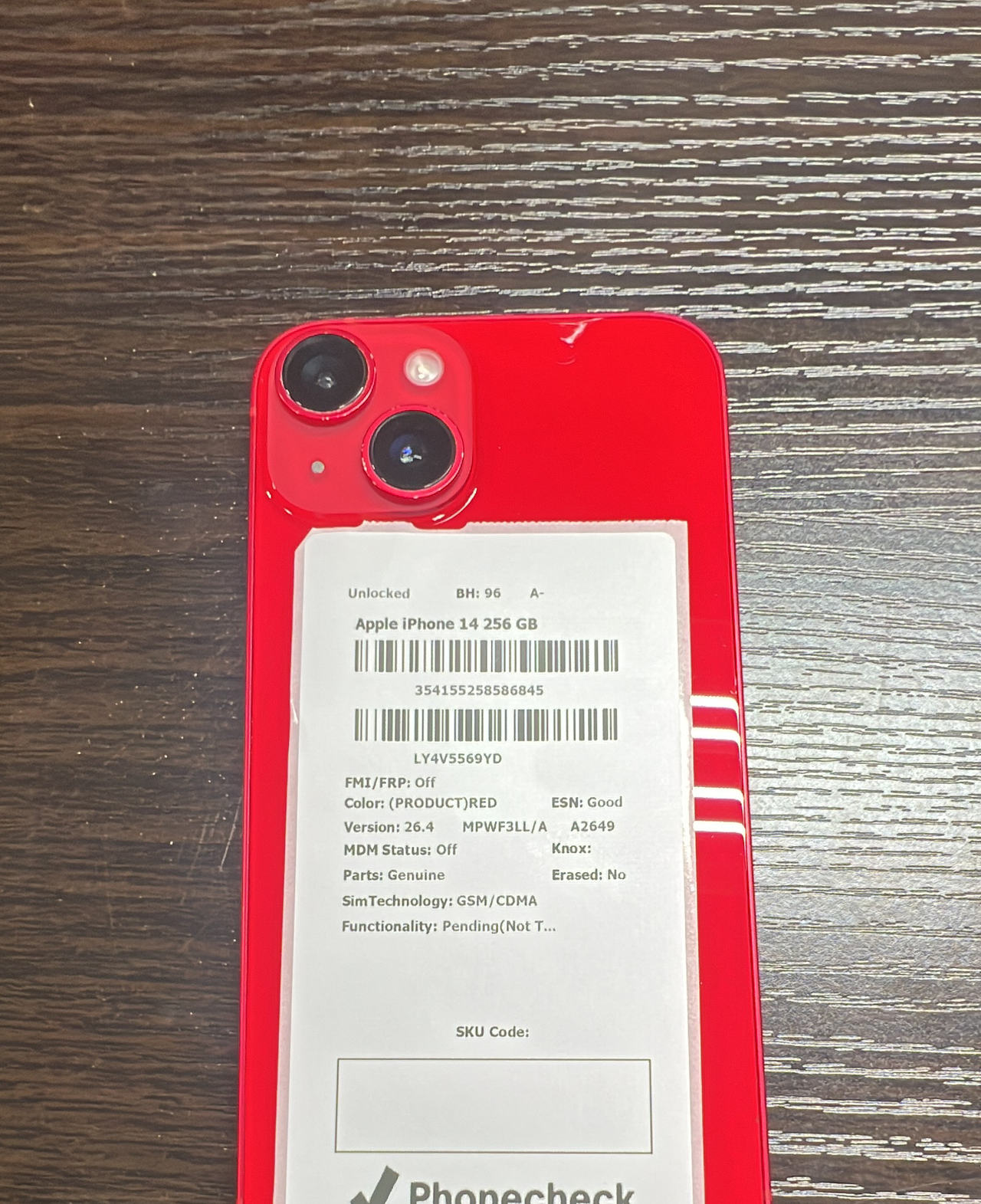 Apple iPhone 14 256GB (PRODUCT)RED Unlocked BH 96 A-