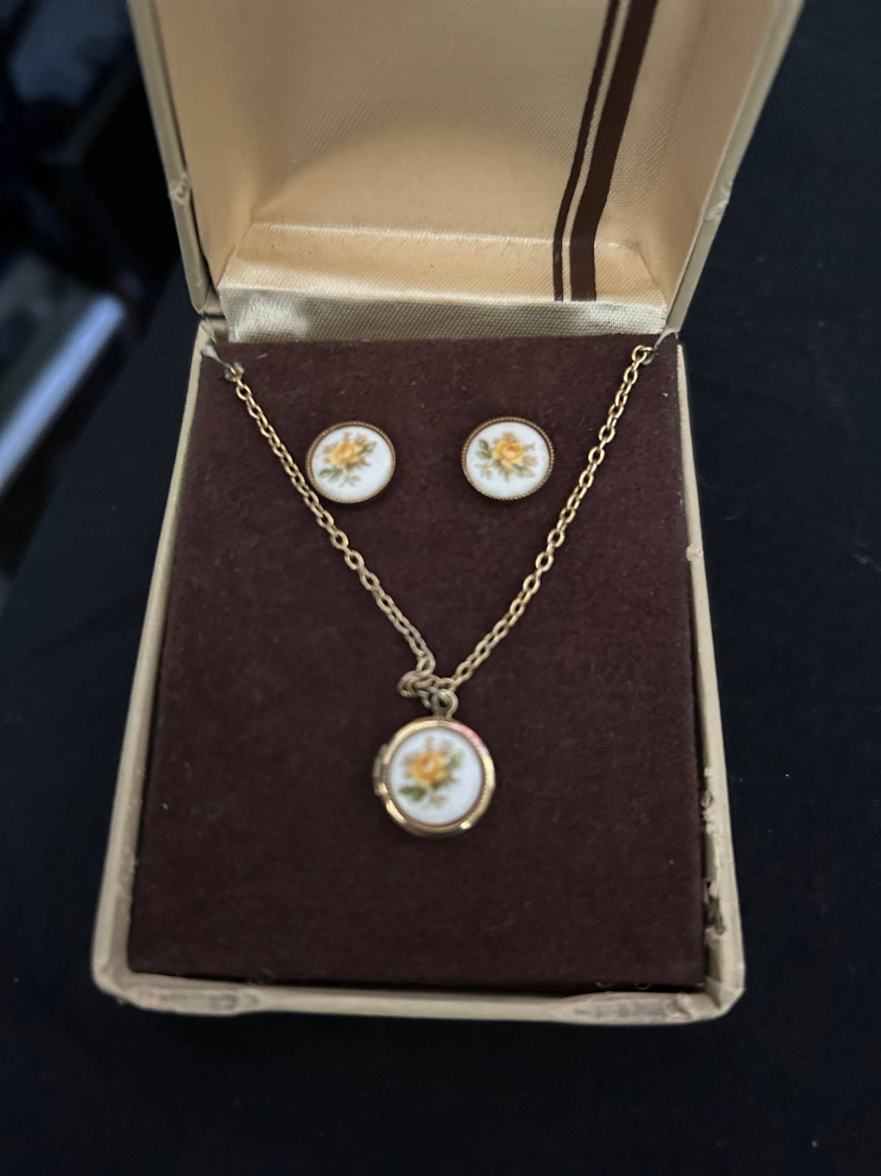 Vintage Yellow Rose Porcelain Locket and Earring Set