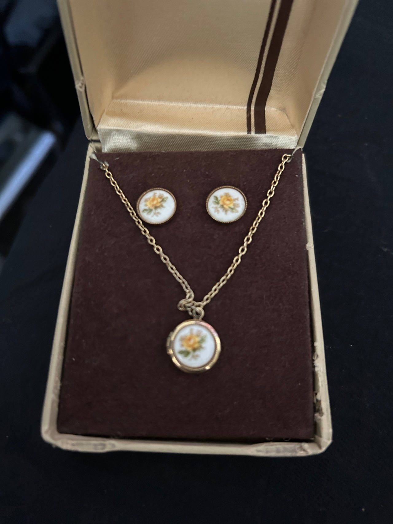 Vintage Yellow Rose Porcelain Locket and Earring Set