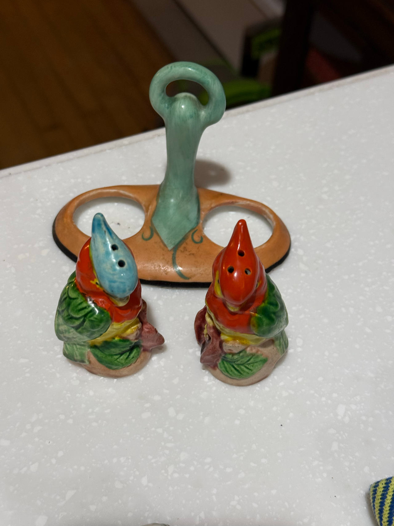 Vintage Occupied Japan Parrot Salt and Pepper Shaker Set with Caddy