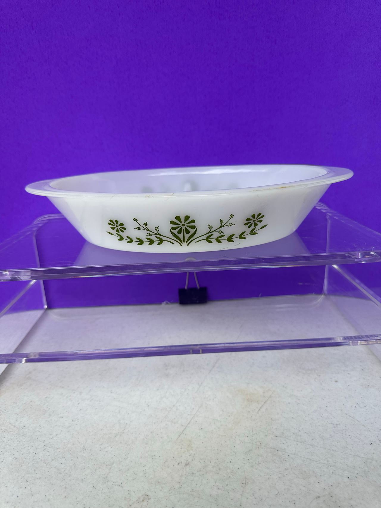 Vintage Glasbake USA Milk Glass Divided Baking Casserole Dish Green Floral