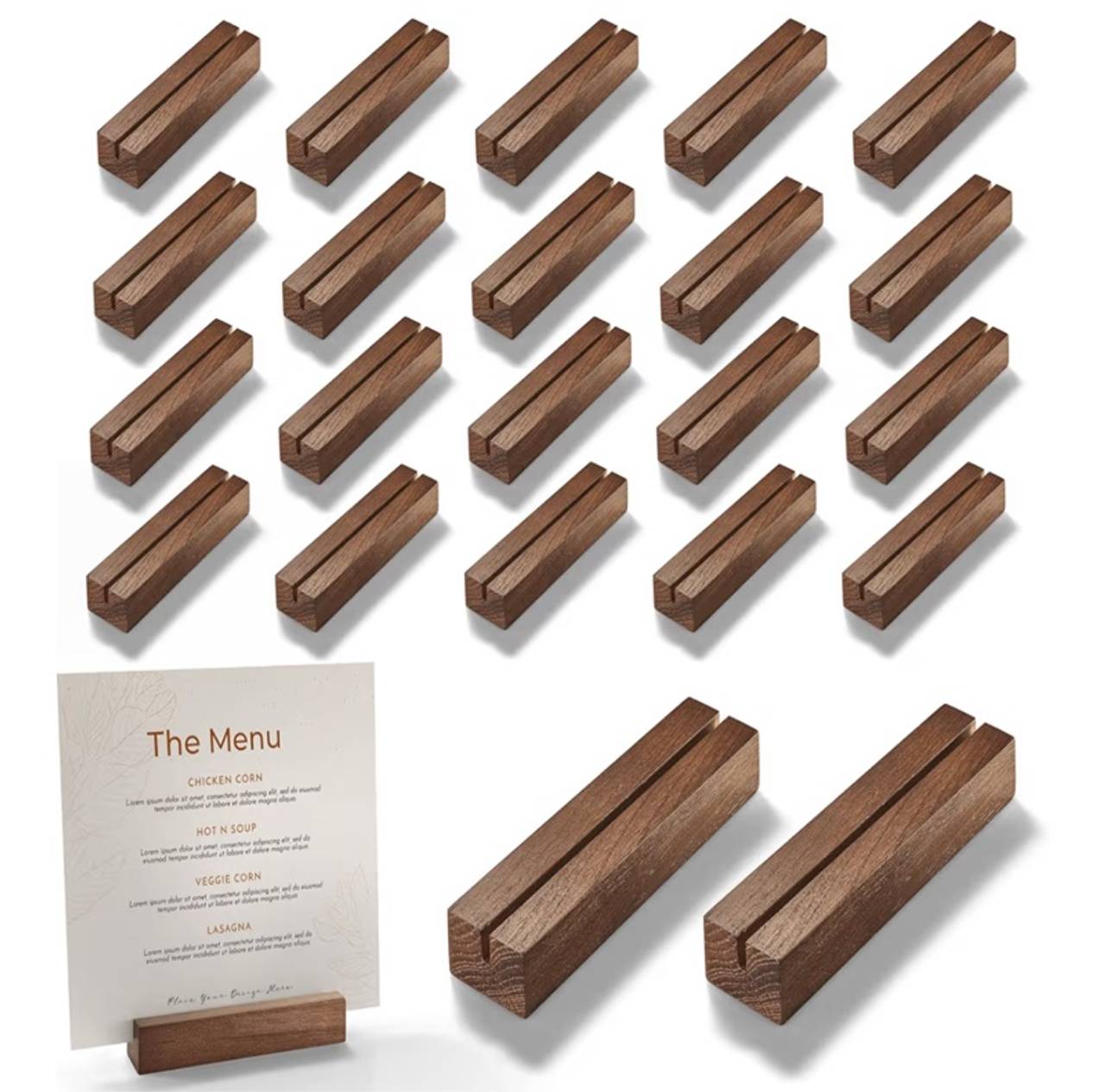 20PCS Oak Wood Place Card Holder Walnut Color - Wooden Acrylic Sign Holder Table