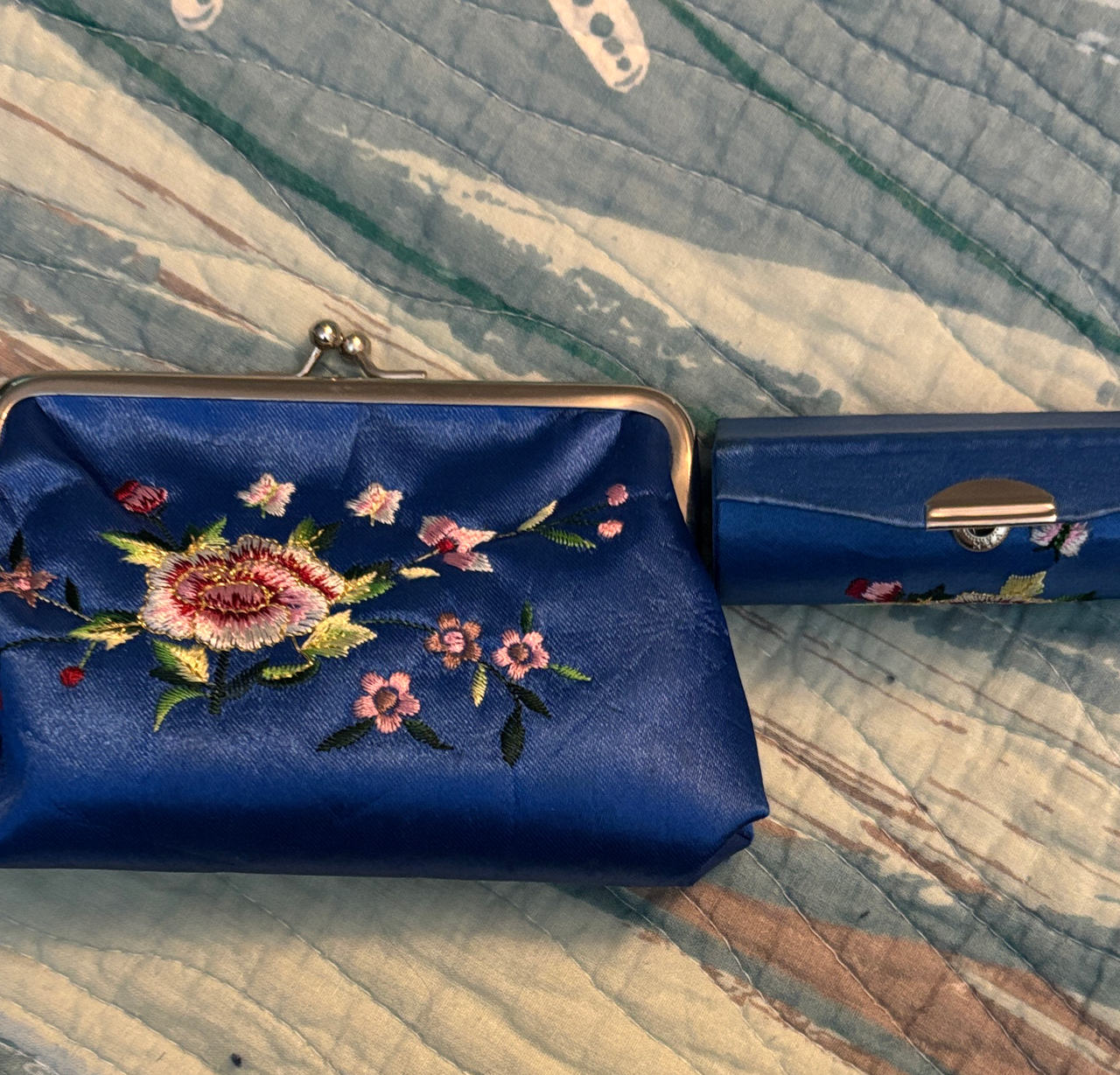 Embroidered Satin Pouch and Lipstick Case Set