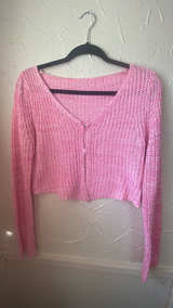 Pink Knit Cropped Knit Cardigan - Medium  - Image 4