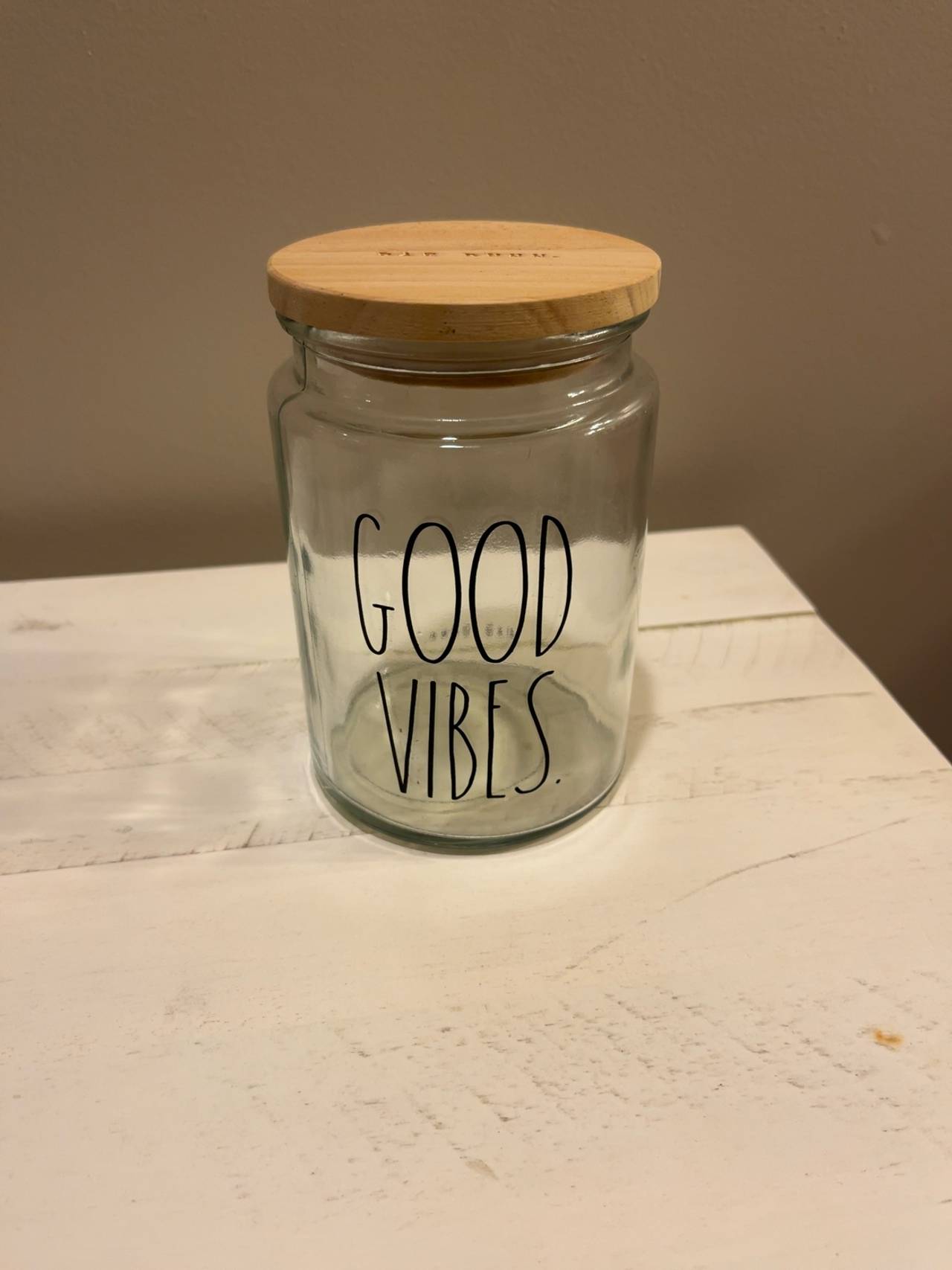 Rae Dunn Good Vibes Glass Jar with Wooden Lid