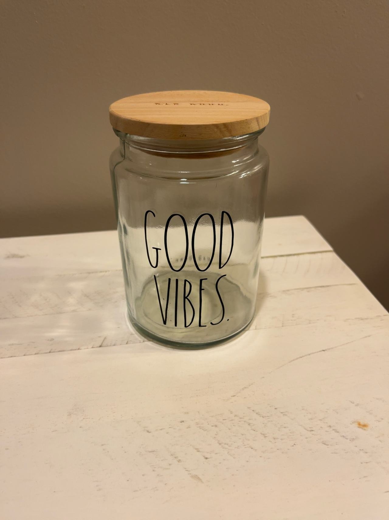 Rae Dunn Good Vibes Glass Jar with Wooden Lid