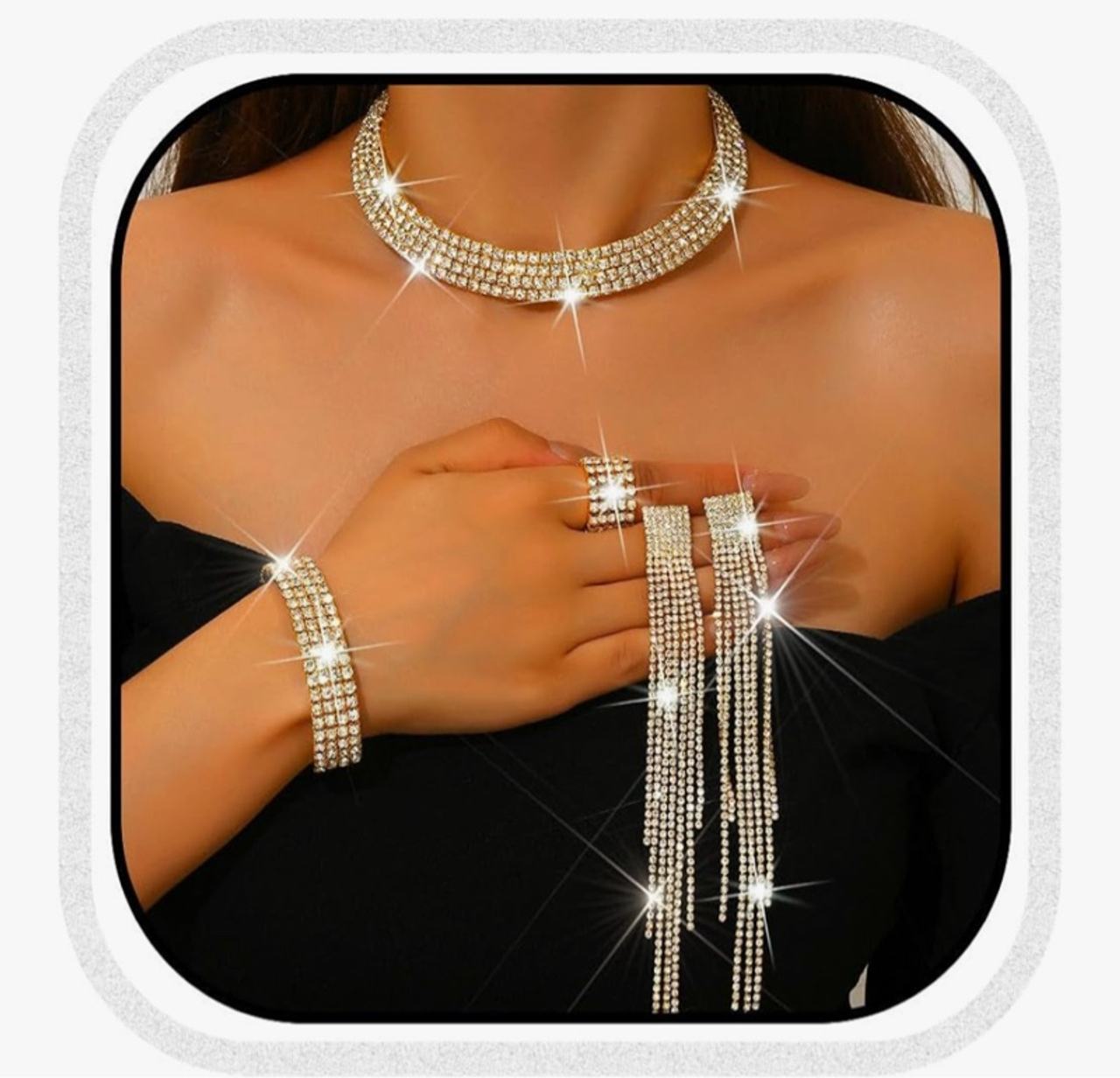 Unicra Rhinestone Jewelry Sets Silver Choker Necklace Earrings Bracelet