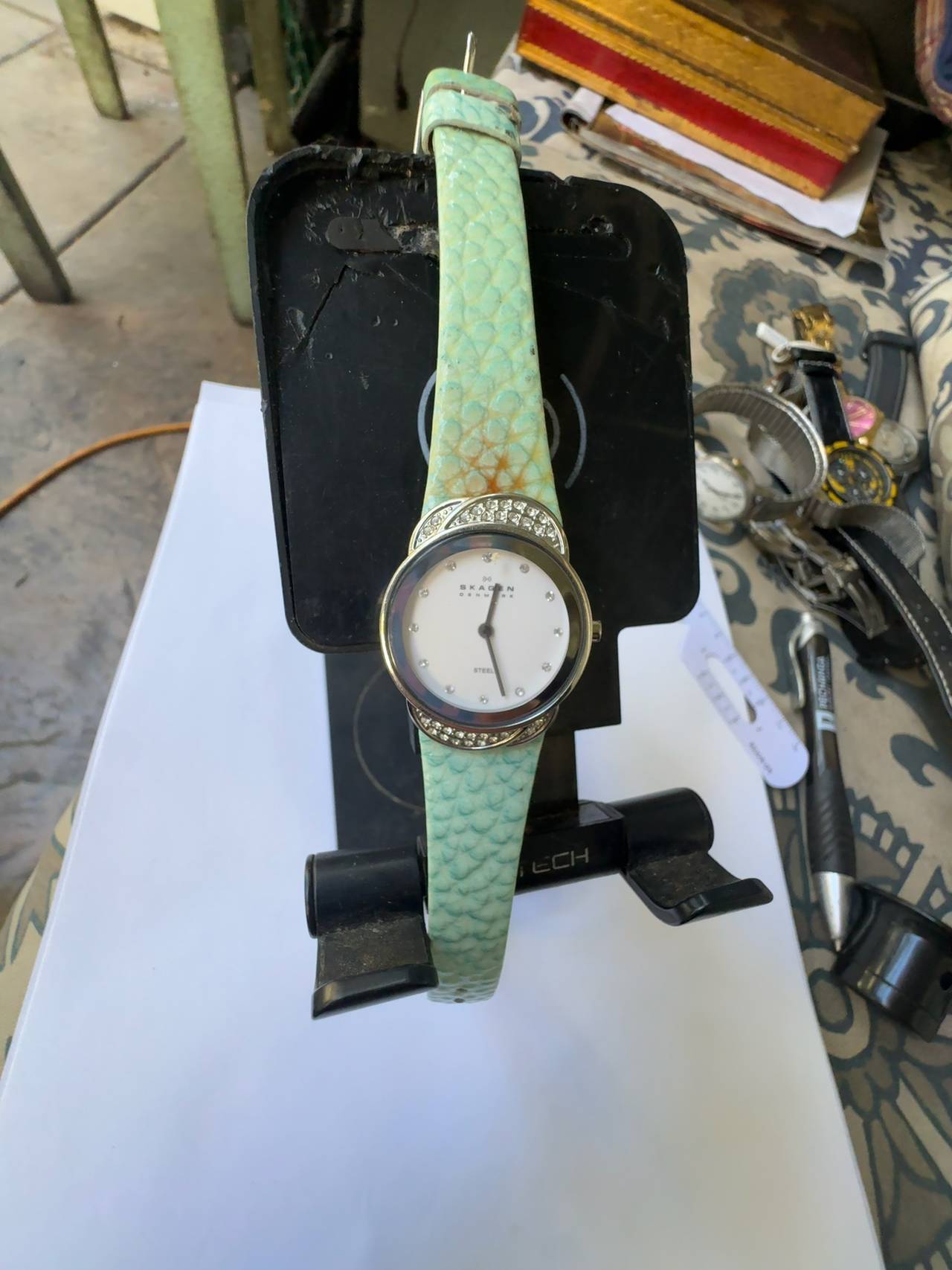 Skagen Women's Jeweled Silvertone Watch with Leather Band