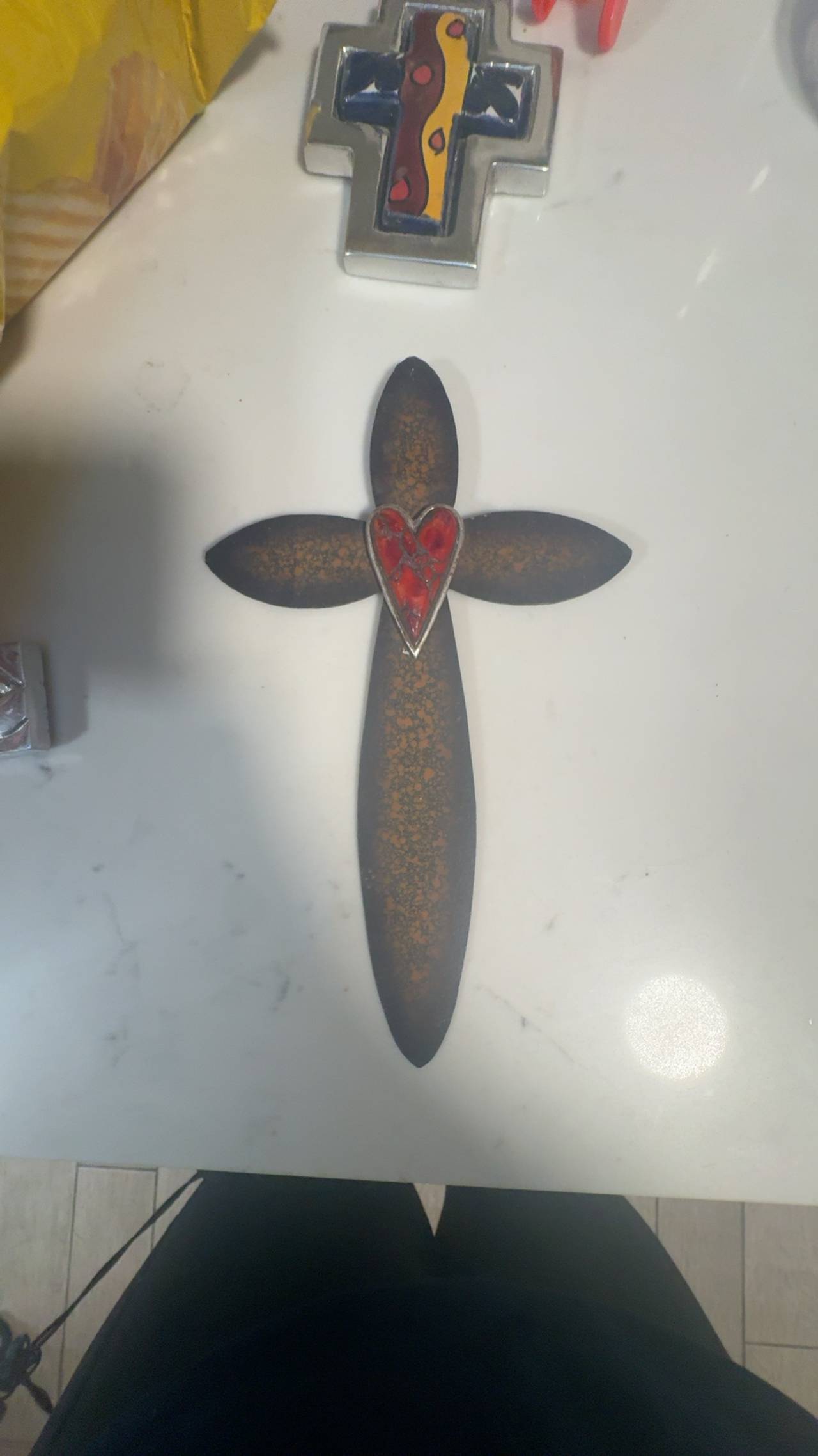 Vintage Painted Brown & Gold Metal Wall Cross with Red Heart