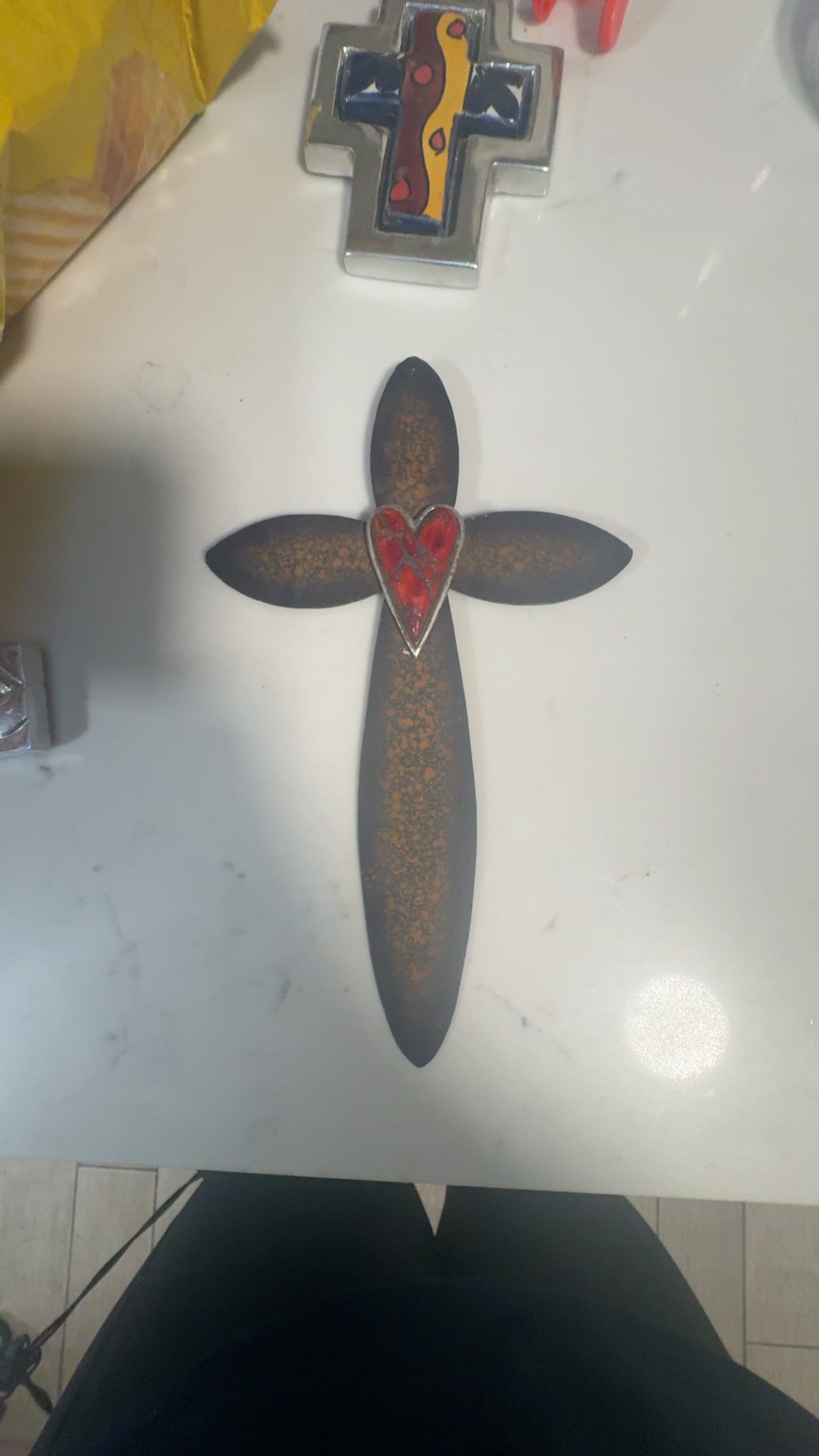 Vintage Painted Brown & Gold Metal Wall Cross with Red Heart