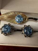 Vintage Blue Crackle Glass Leaf Brooch and Earring Set - Image 6