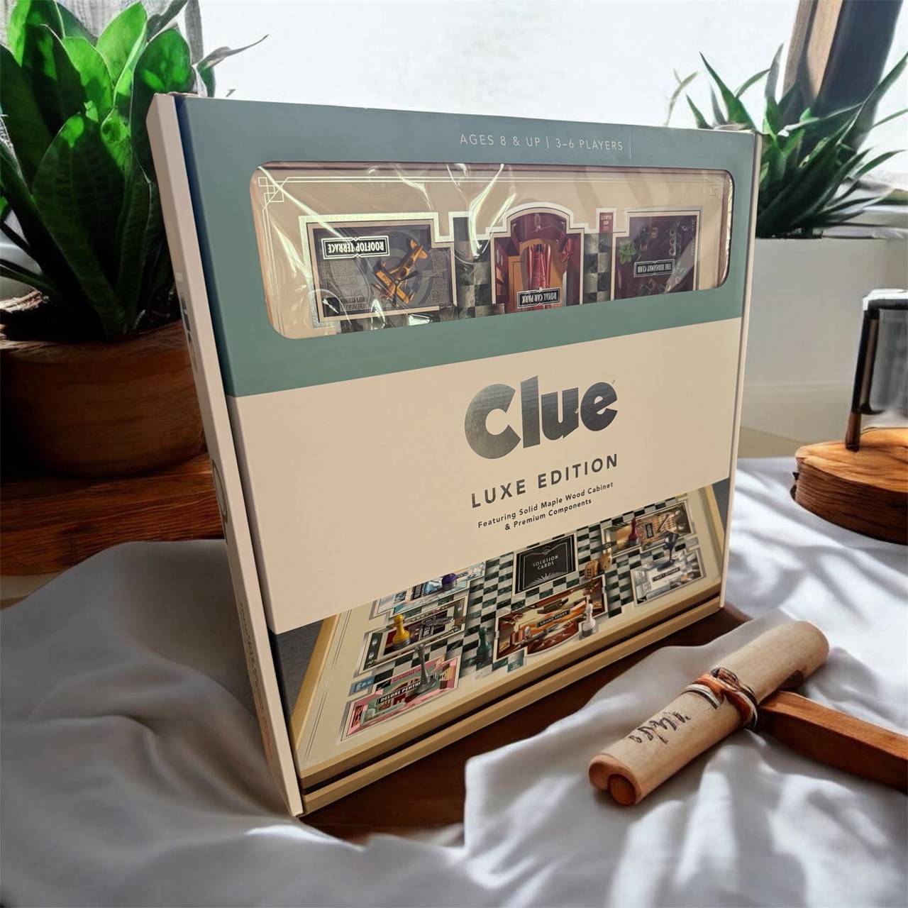 Clue Luxe Edition Board Game with solid maple wood cabinet