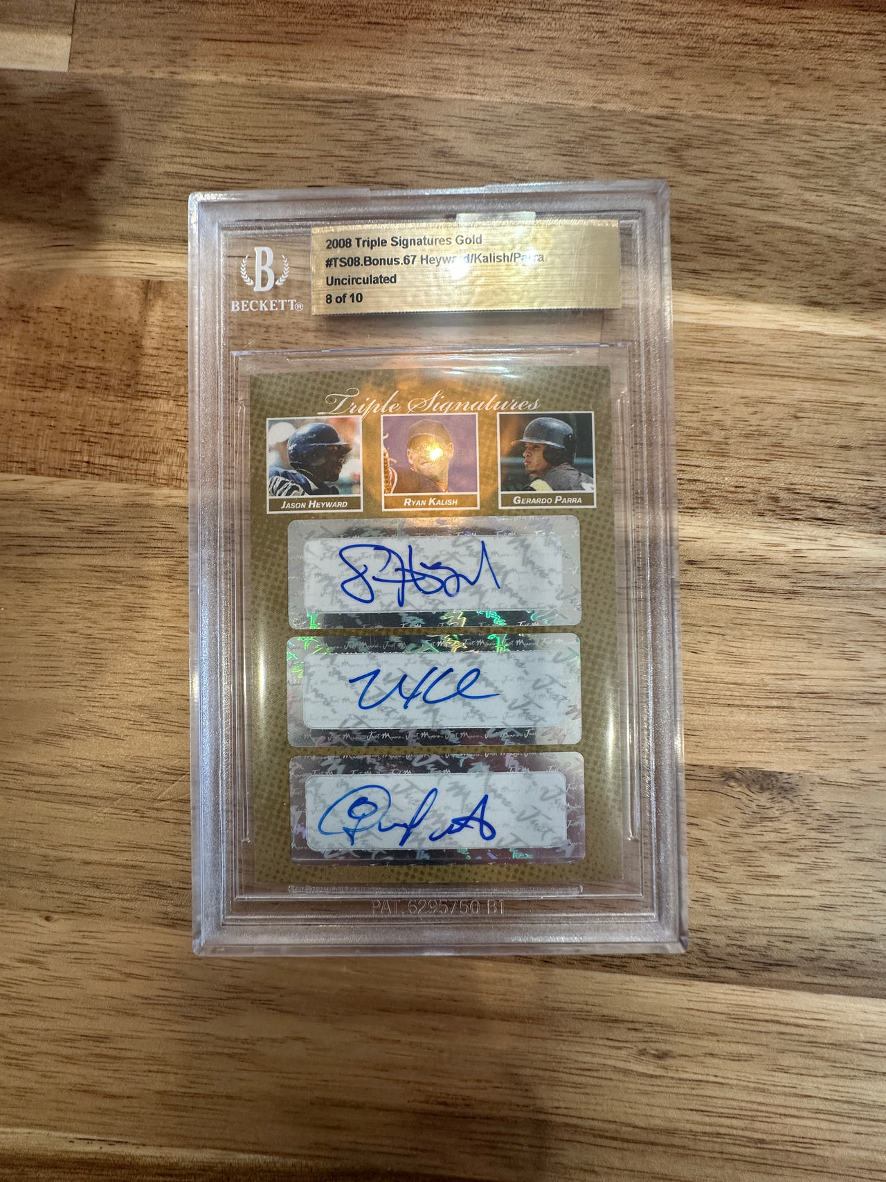 2008 Just Minors Triple Signatures Gold Jason Heyward Ryan Kalish Gerardo Parra /10
