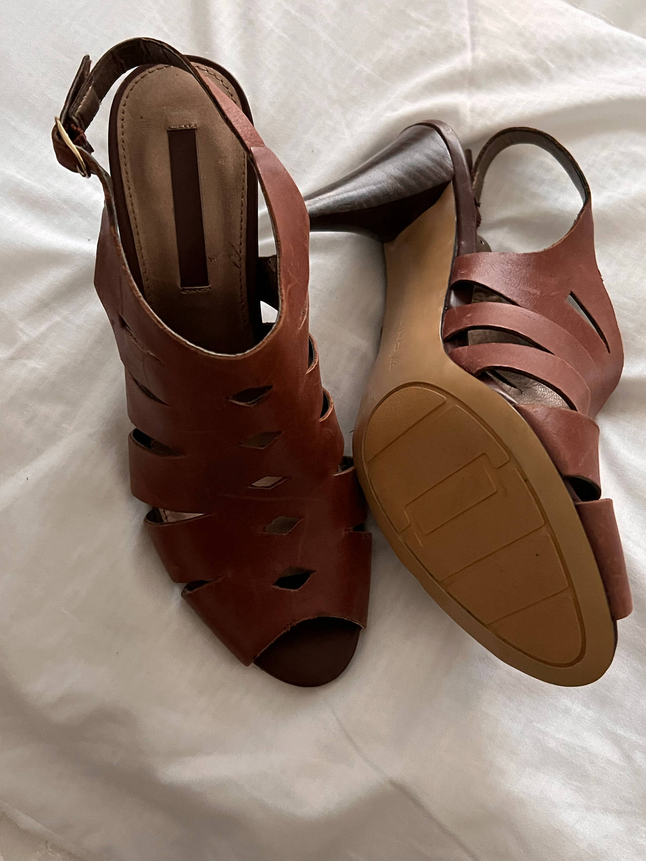 Brown Leather Cutout Heeled Sandals