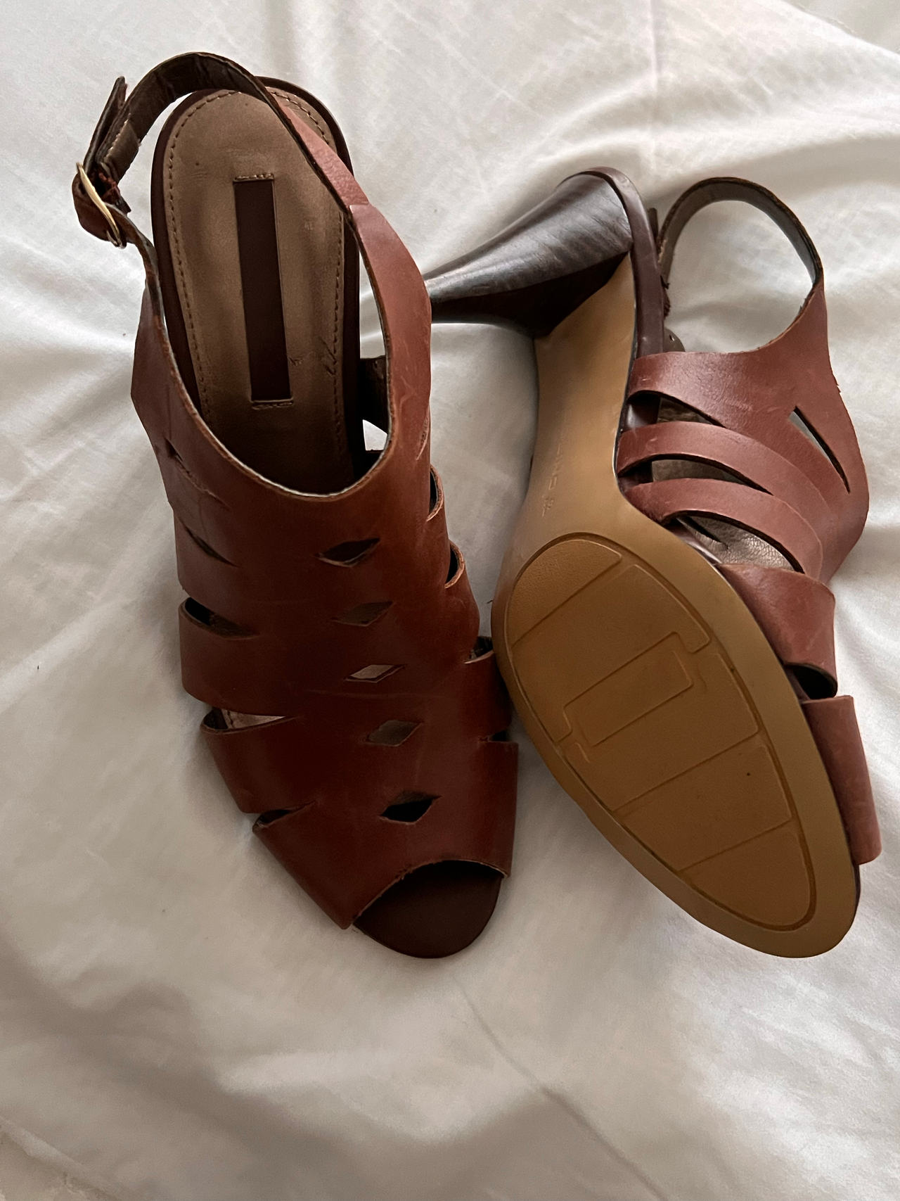 Brown Leather Cutout Heeled Sandals