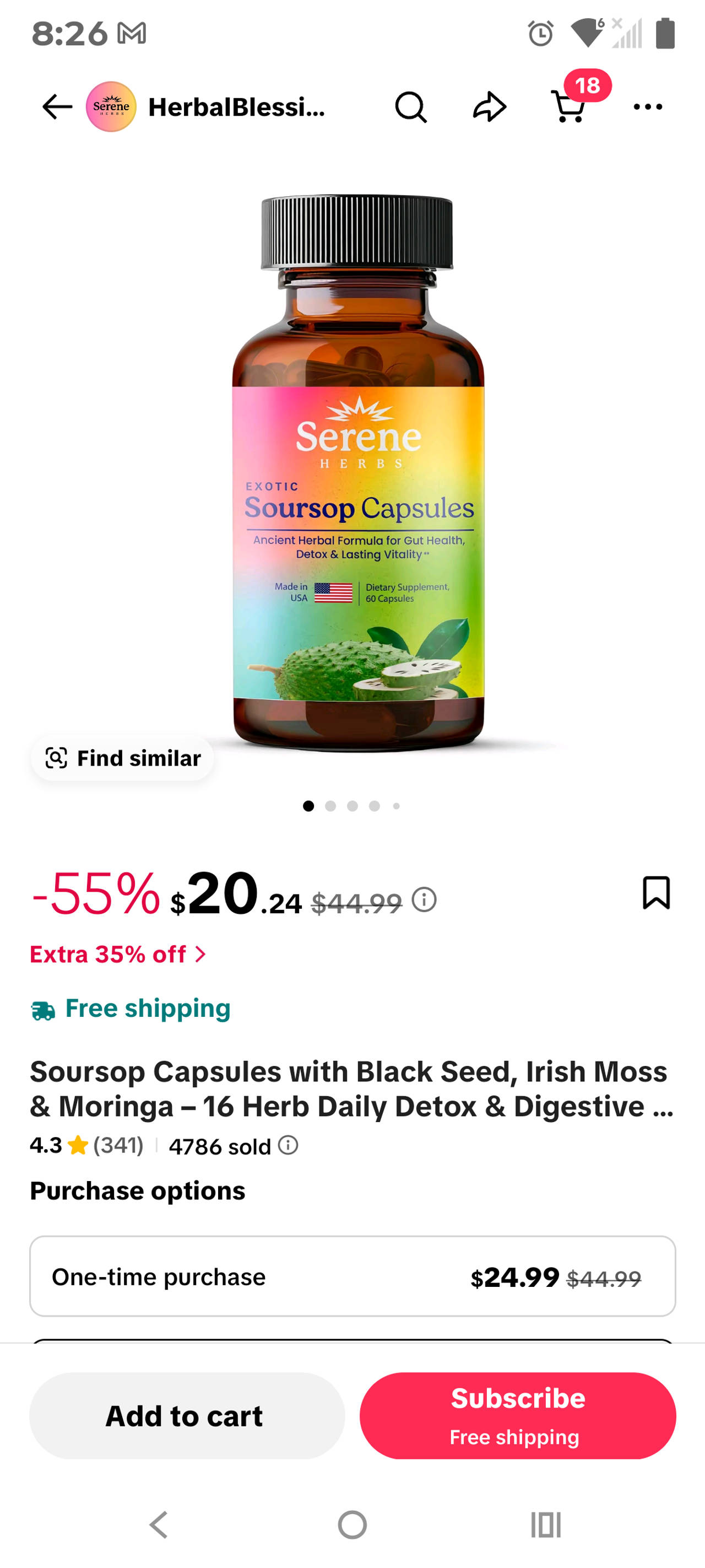 Brand New Sealed Bottle Serene Herbs Exotic Soursop 60 Capsules, 30 Day Supply