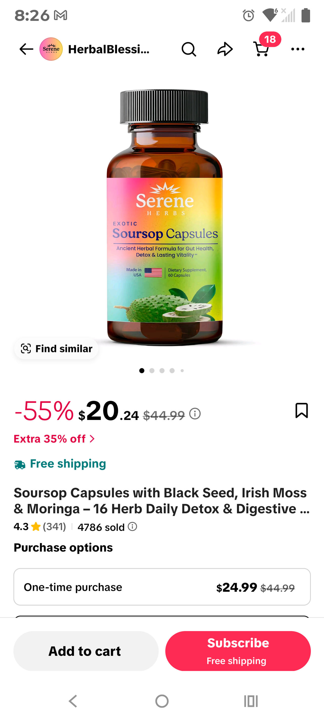 Brand New Sealed Bottle Serene Herbs Exotic Soursop 60 Capsules, 30 Day Supply