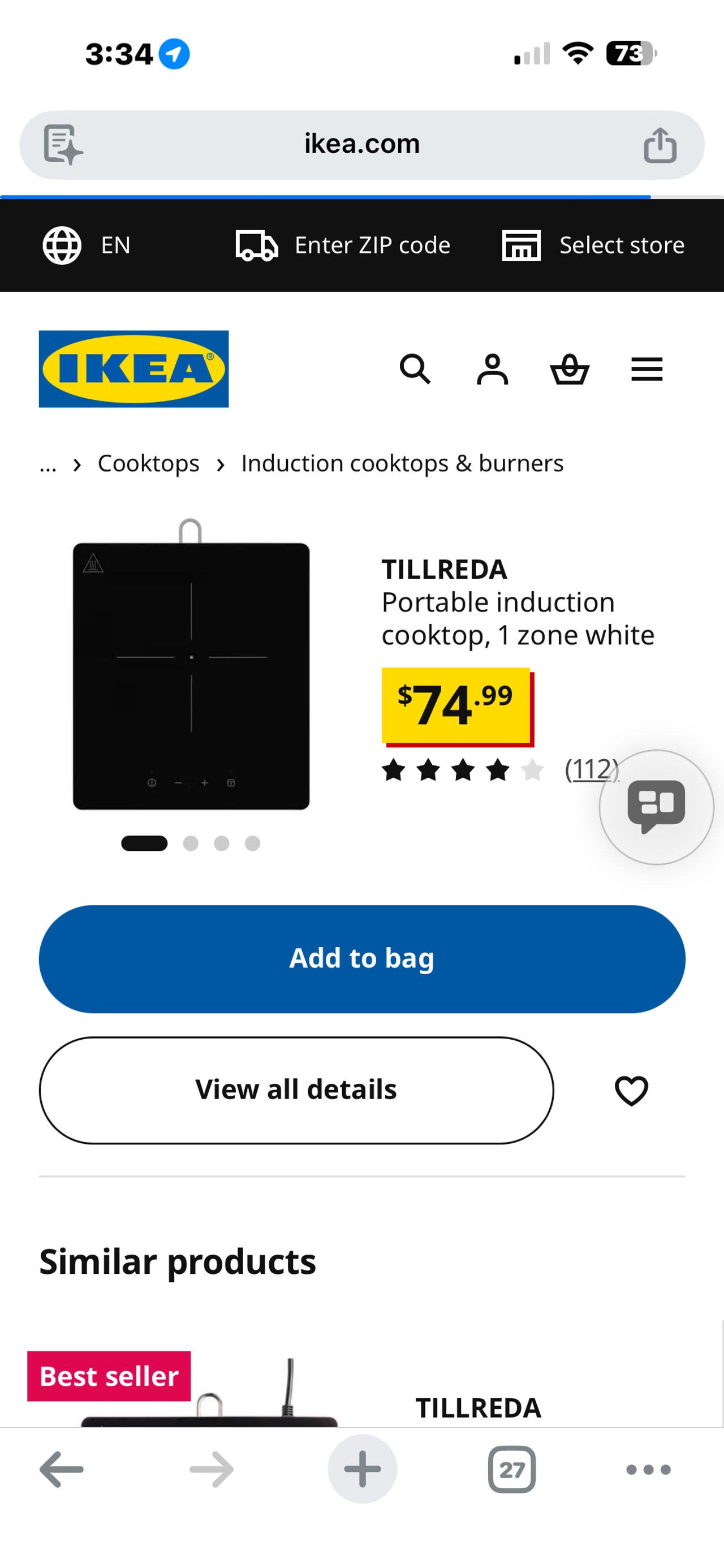 IKEA TILLREDA Portable induction cooktop