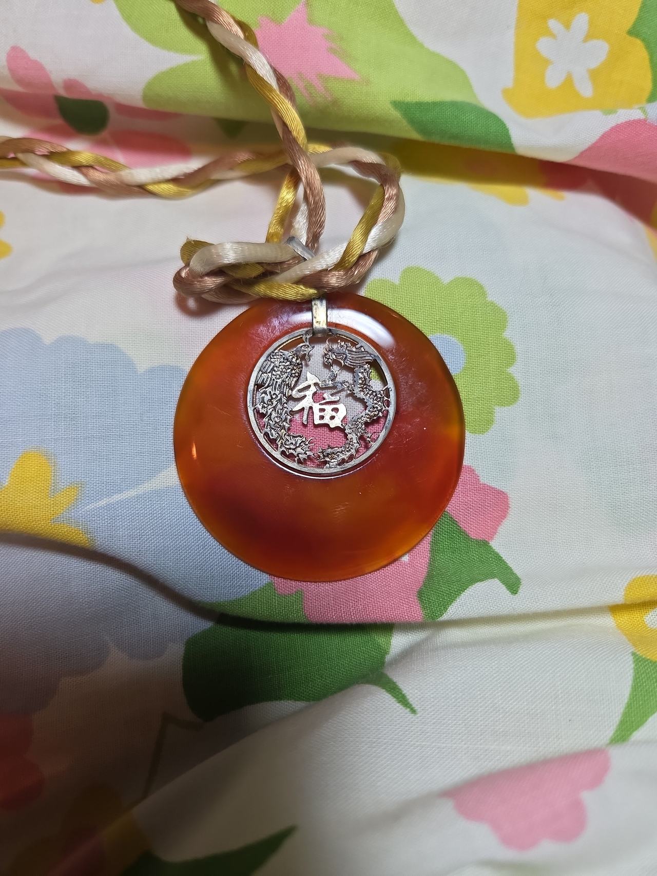 Carnelian Jade Donut Pendant with Dragon Phoenix Silver Inlay