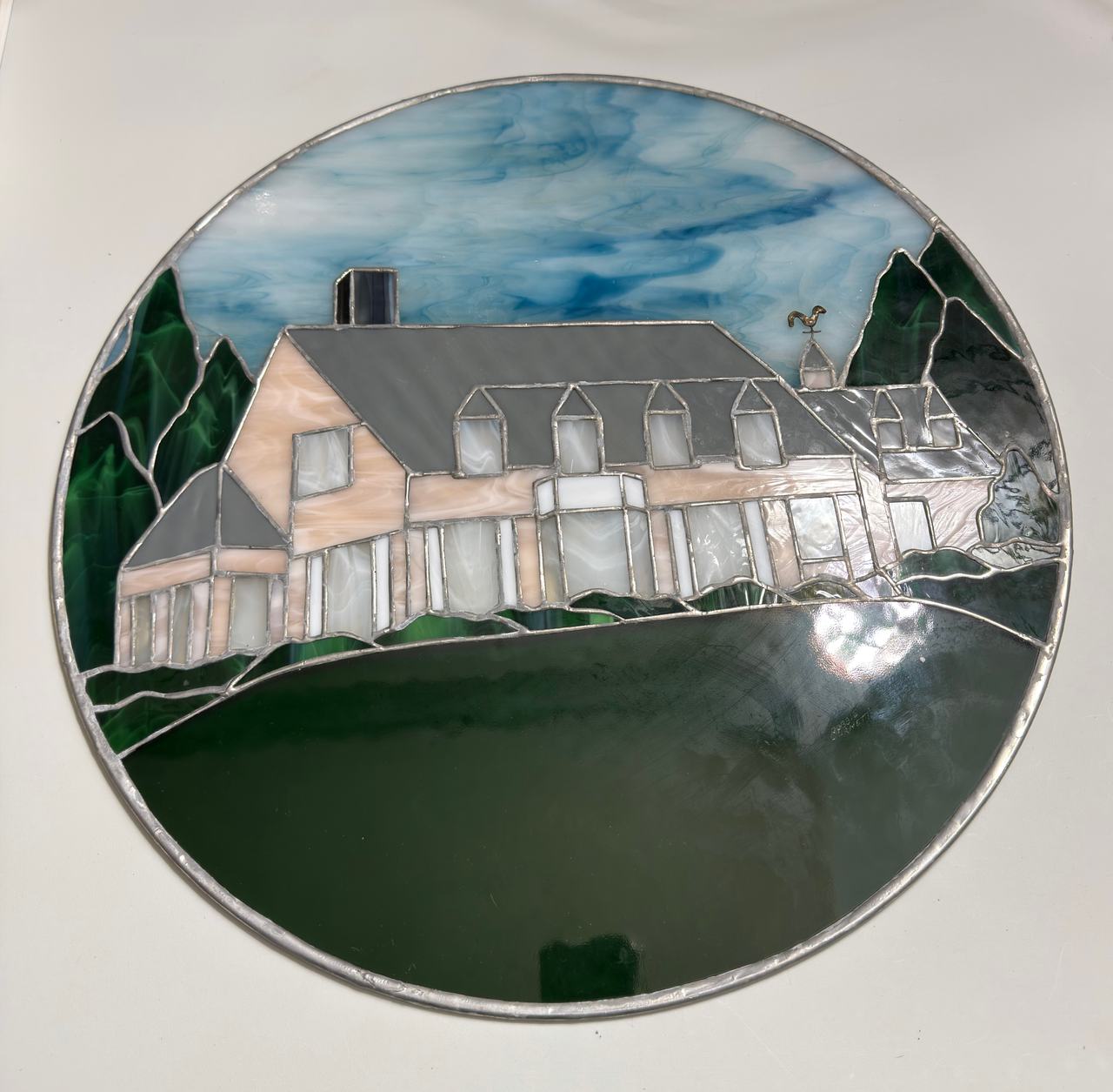 Signed Handmade Stained Glass House Landscape Panel Bobbie Burnett 1998