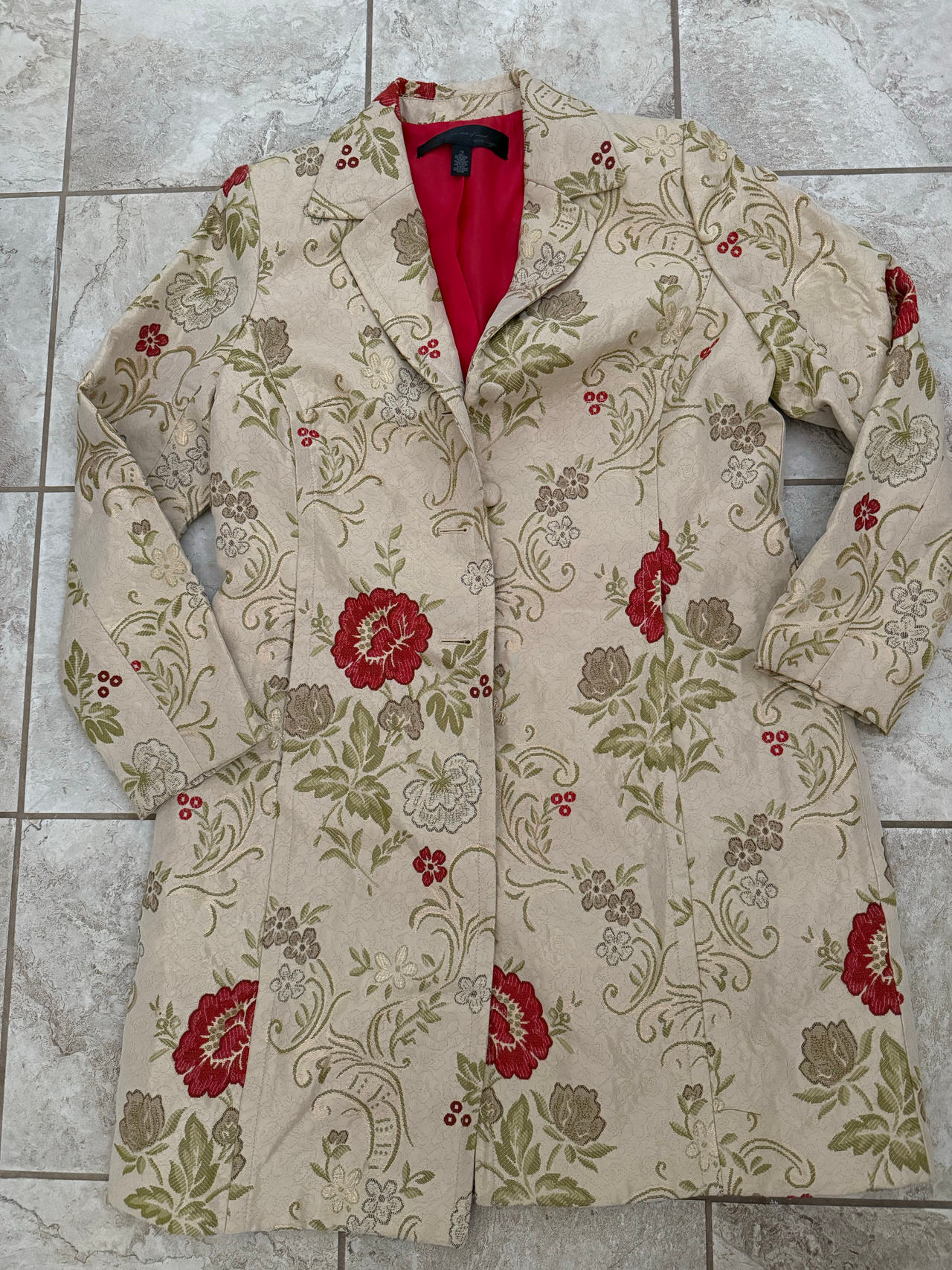 Apostrophe Floral Patterned Coat with Red Lining - Size 16
