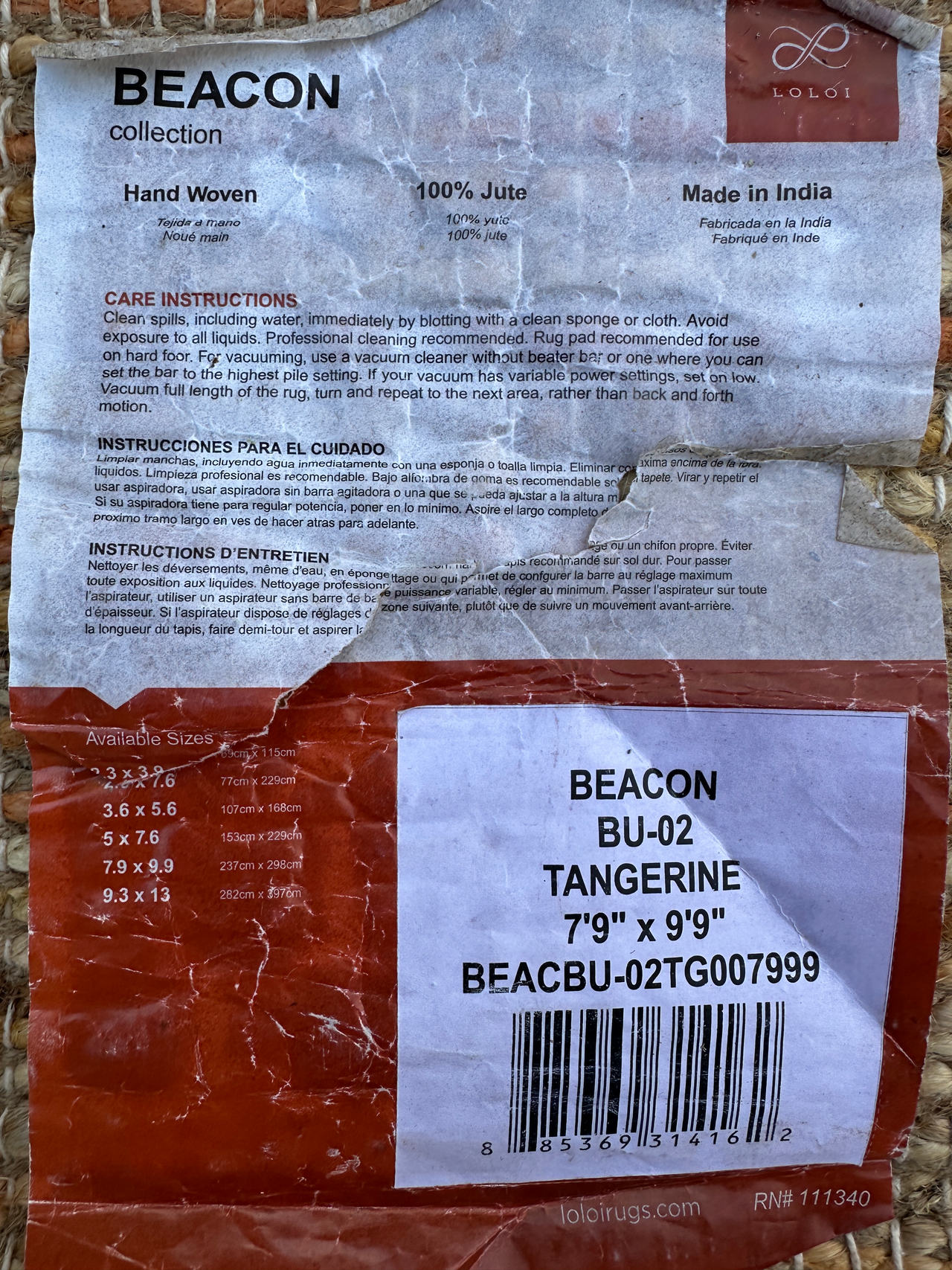 Loloi Beacon BU-02 Tangerine Jute Rug