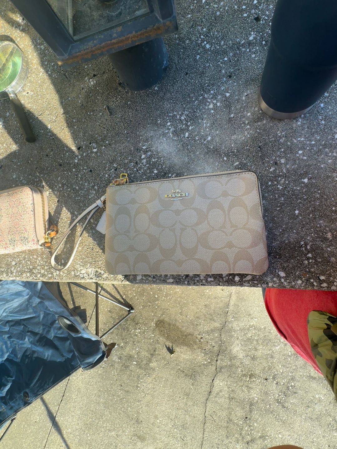 Coach Khaki Ivory Double Zip Wallet with Wrist Strap