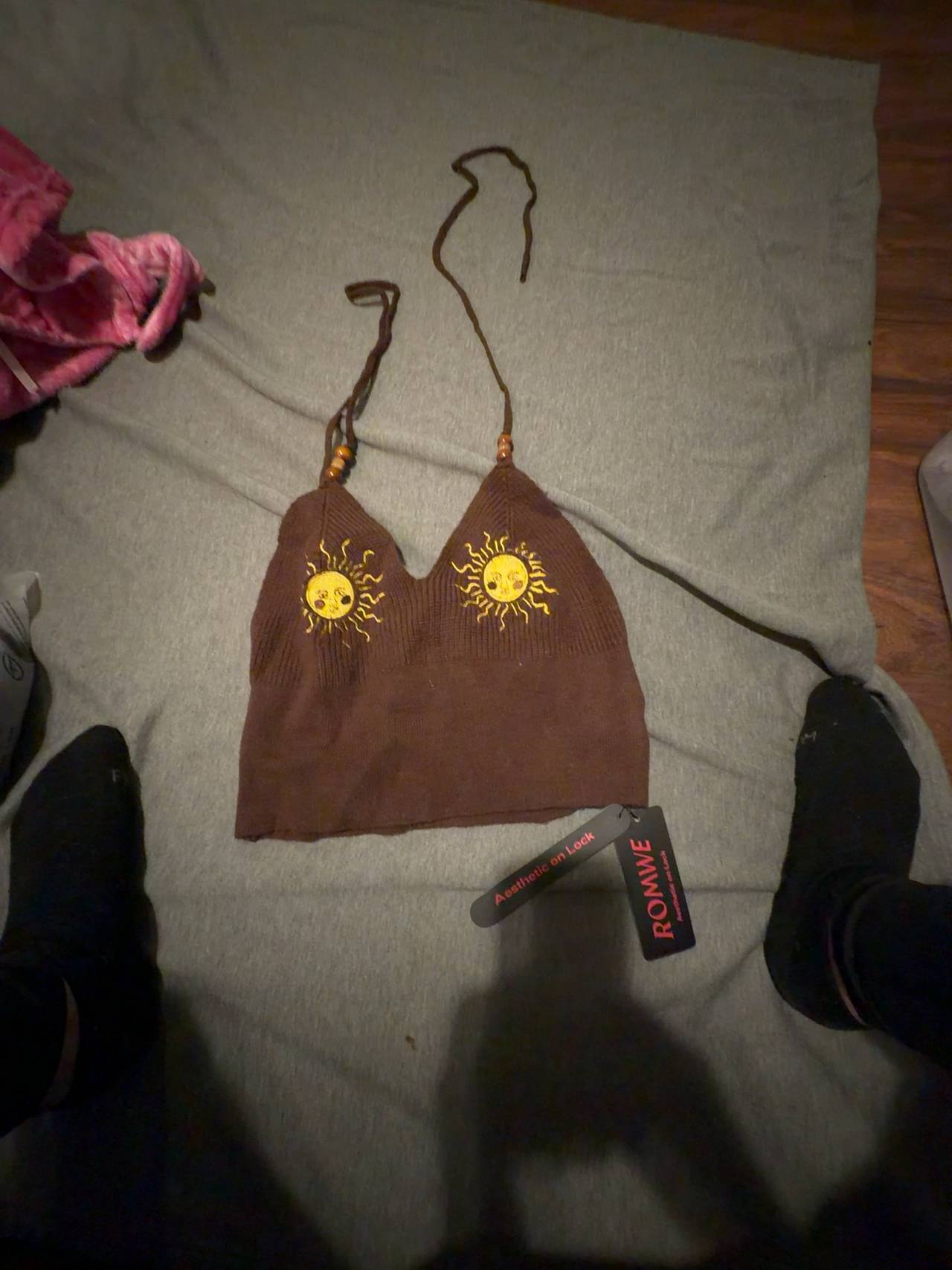 Romwe Sun Embroidery Halter Knit Top Brown