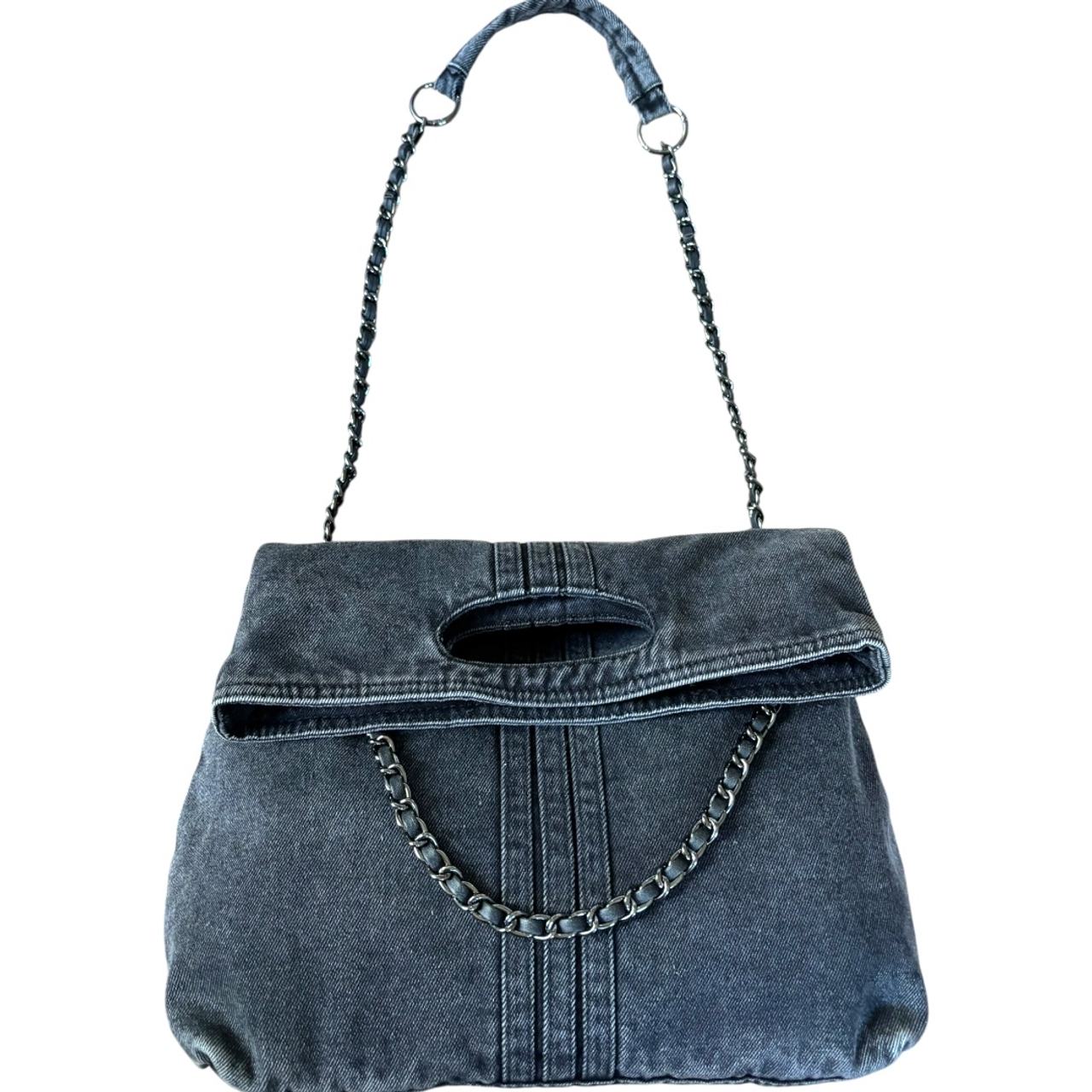 Denim Black Crossbody with flap and handle 