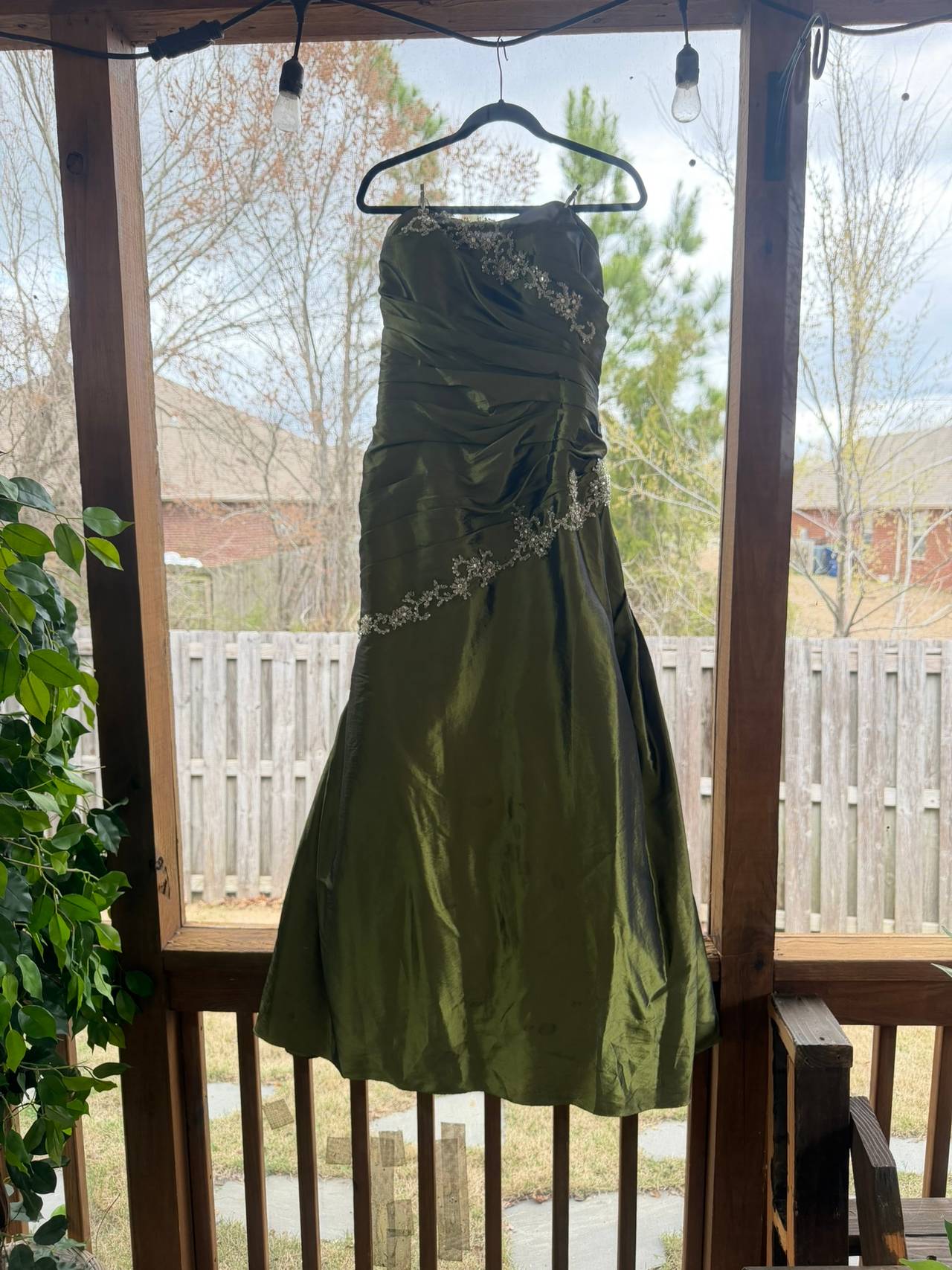 La Perle Olive Green Strapless Beaded Taffeta Evening Gown