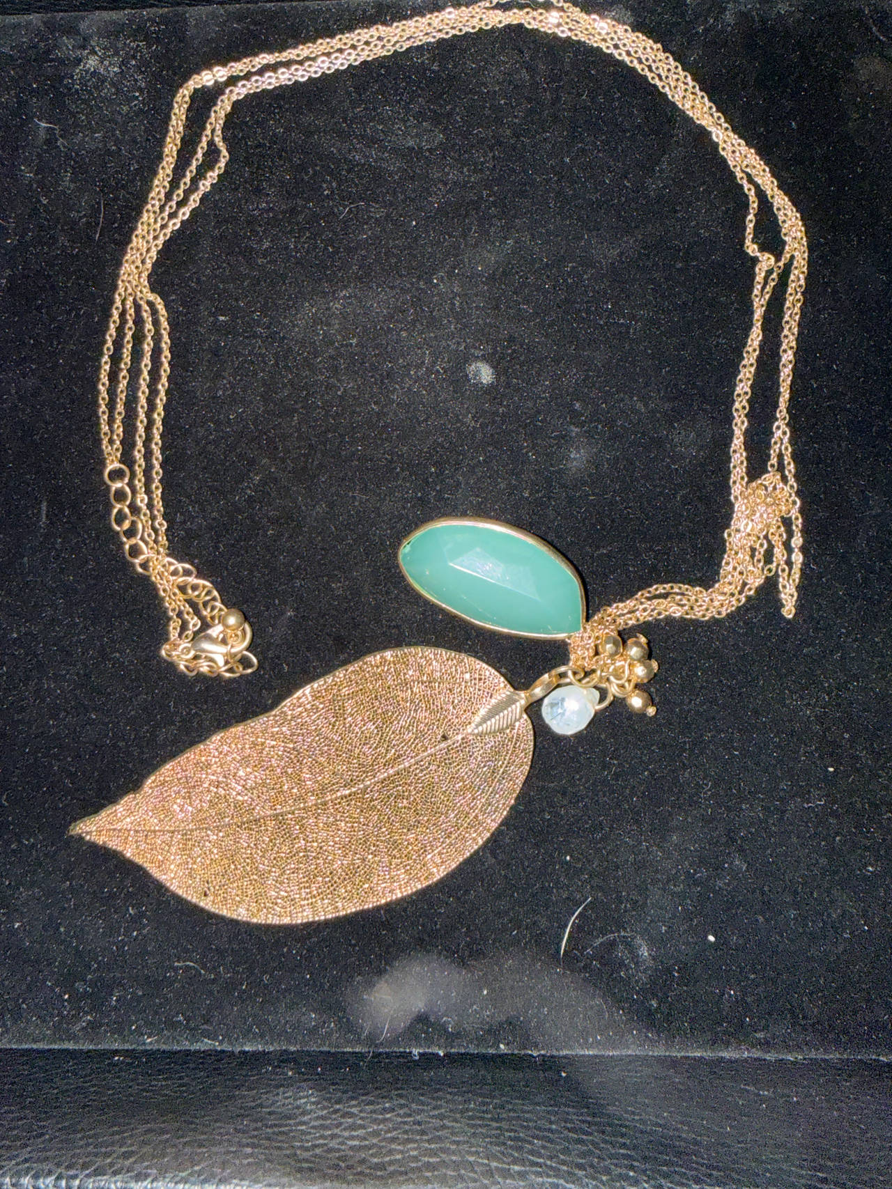 Gold Tone Leaf and Green Stone Multi-Strand Necklace