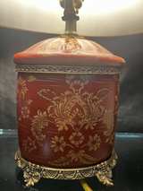 Vintage Late 20th Century Brass and Red Porcelain Tea Canister Lamps With Floral - Image 5