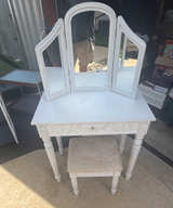 White Wooden Vanity Set with Tri-Fold Mirror and Stool - Image 1
