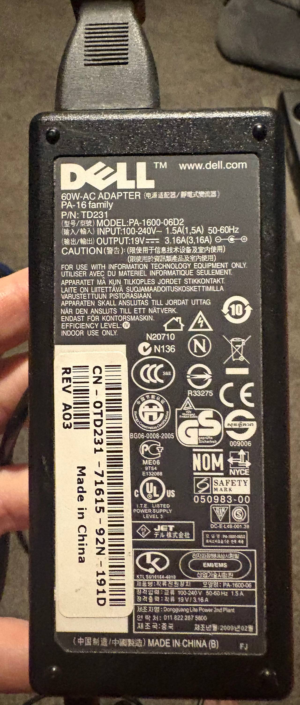 Dell 60W AC Adapter PA-16 Family with cord