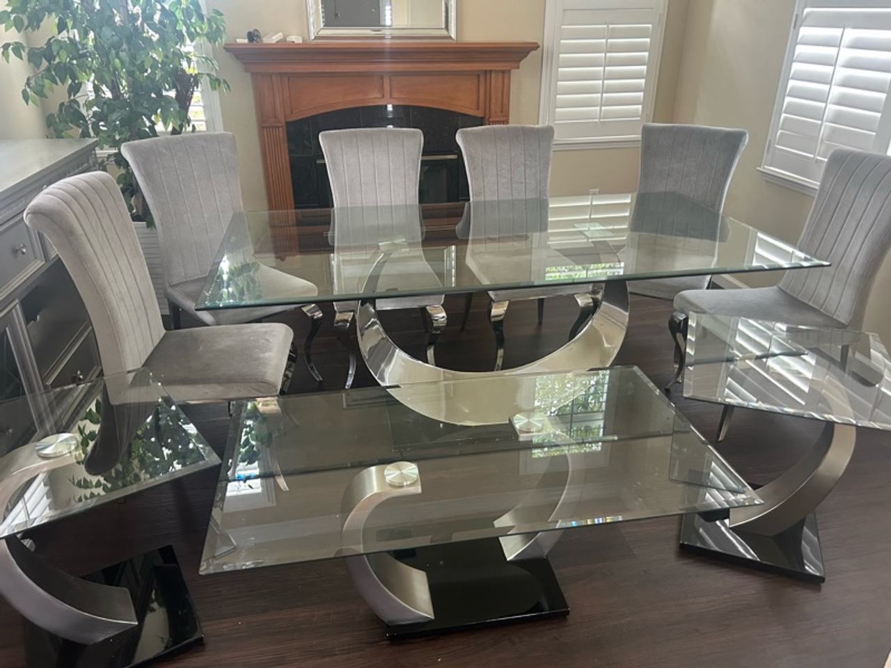 Glass Dining Table Set with Gray Upholstered Chairs